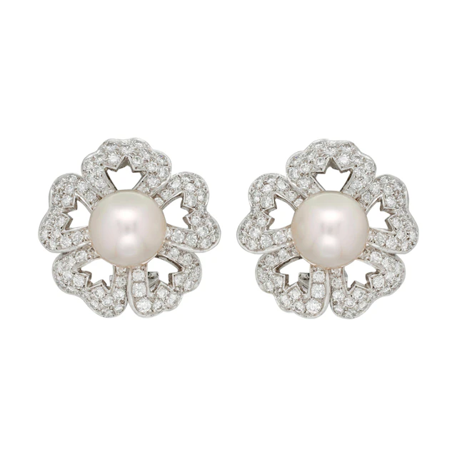White Gold, Cultured Pearl and Diamond Floral Earclips
