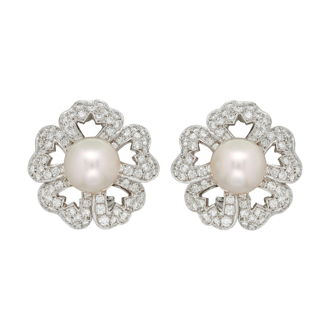 White Gold, Cultured Pearl and Diamond Floral Earclips