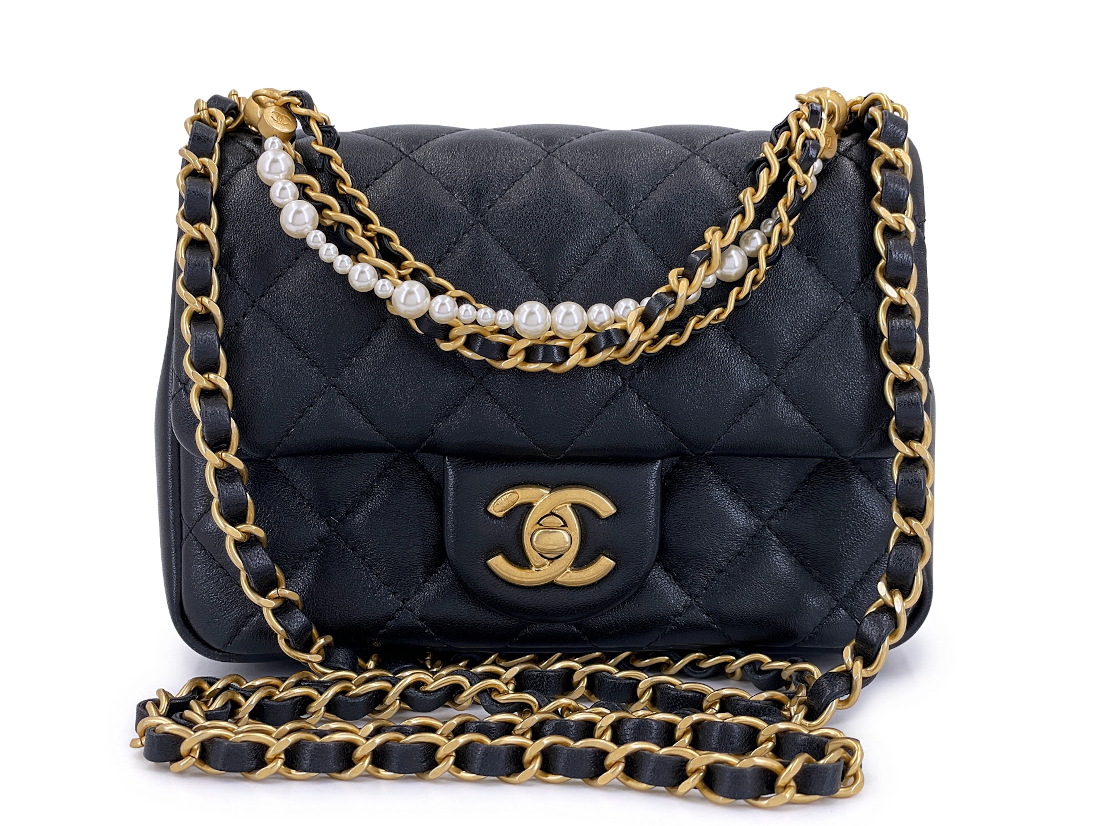 Shiny Quilted Lambskin Pearl Chain Square Mini Flap Bag Aged Gold