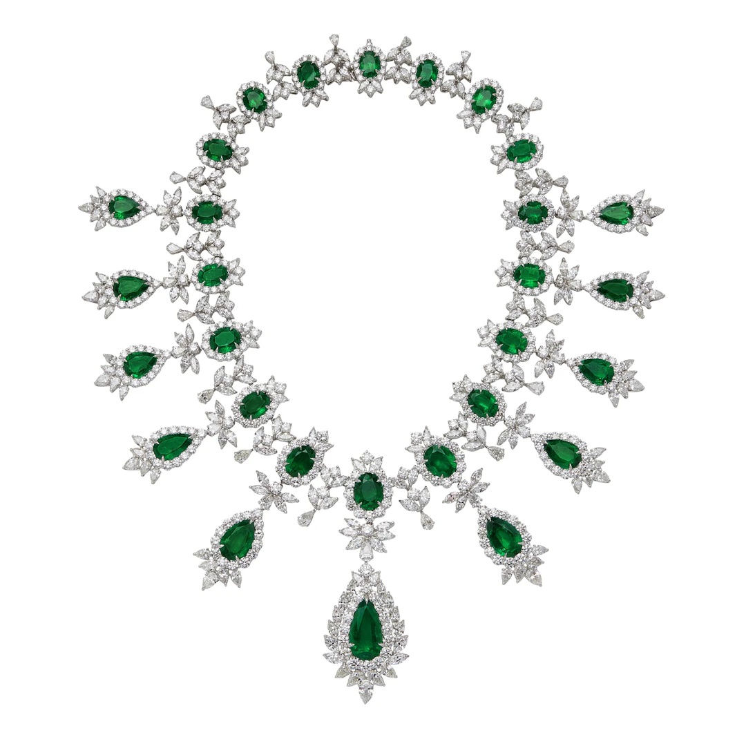 Platinum, 144.07ctw Zambian Emerald and Diamond Necklace