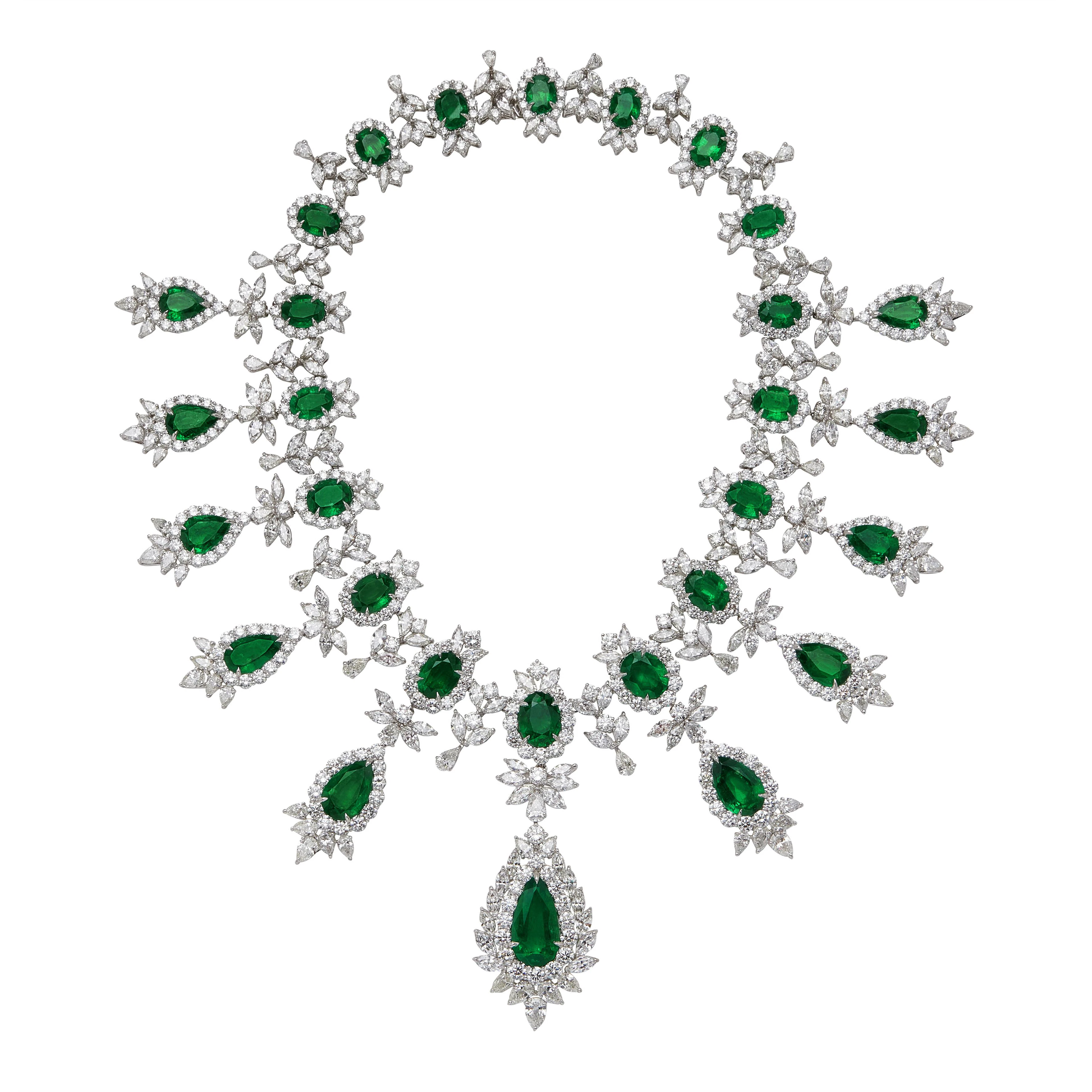 Platinum, 144.07ctw Zambian Emerald and Diamond Necklace