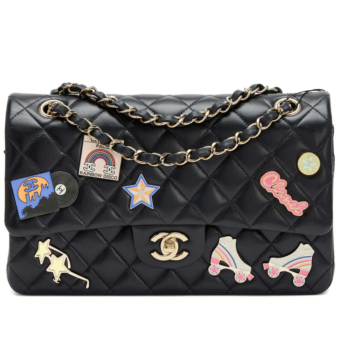 Black Quilted Lambskin Hollywood Charms Medium Classic Double Flap
