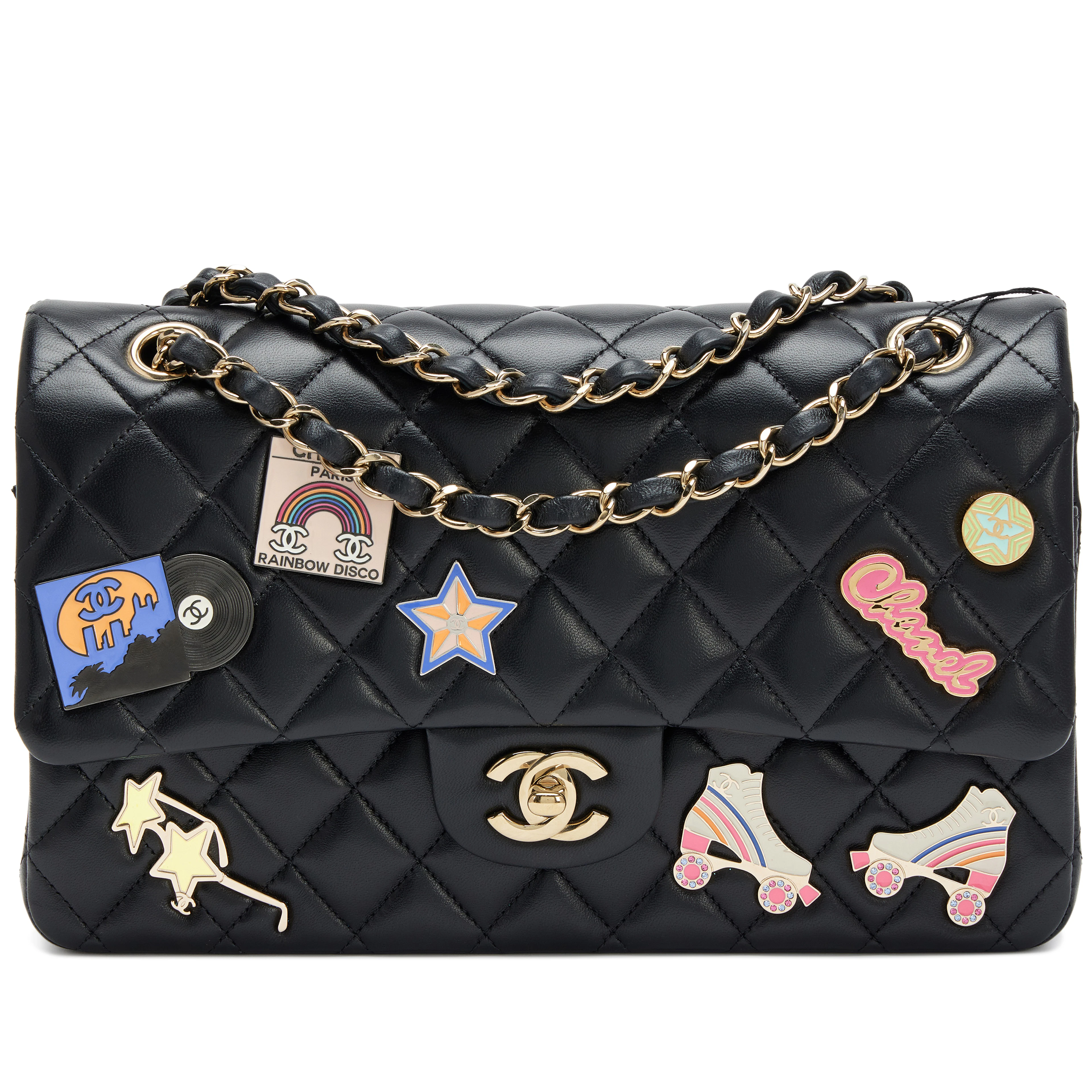 Black Quilted Lambskin Hollywood Charms Medium Classic Double Flap