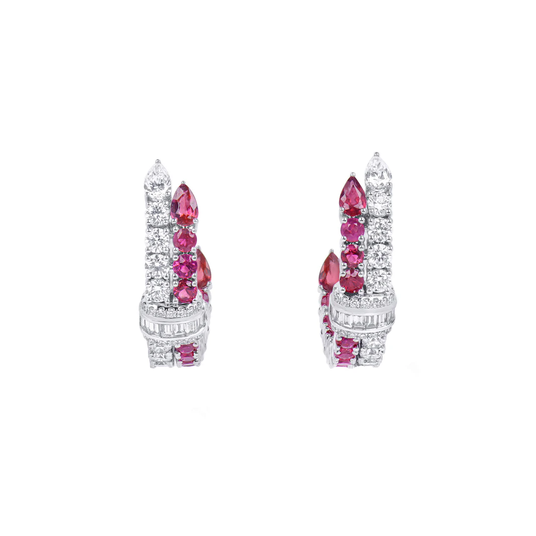White Gold, Ruby and Diamond Hoop Earrings