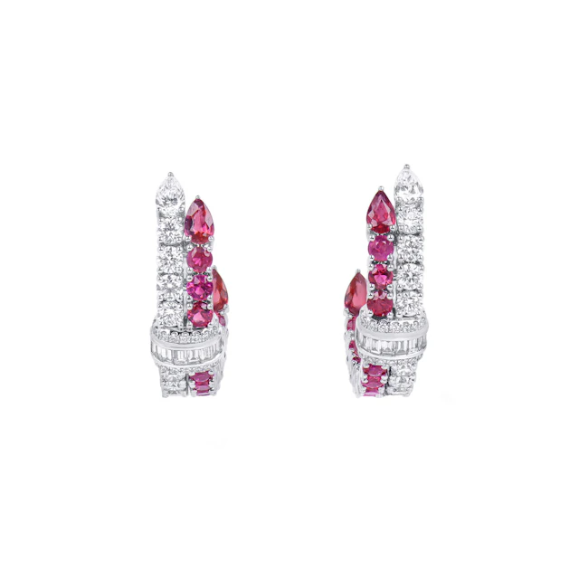 White Gold, Ruby and Diamond Hoop Earrings
