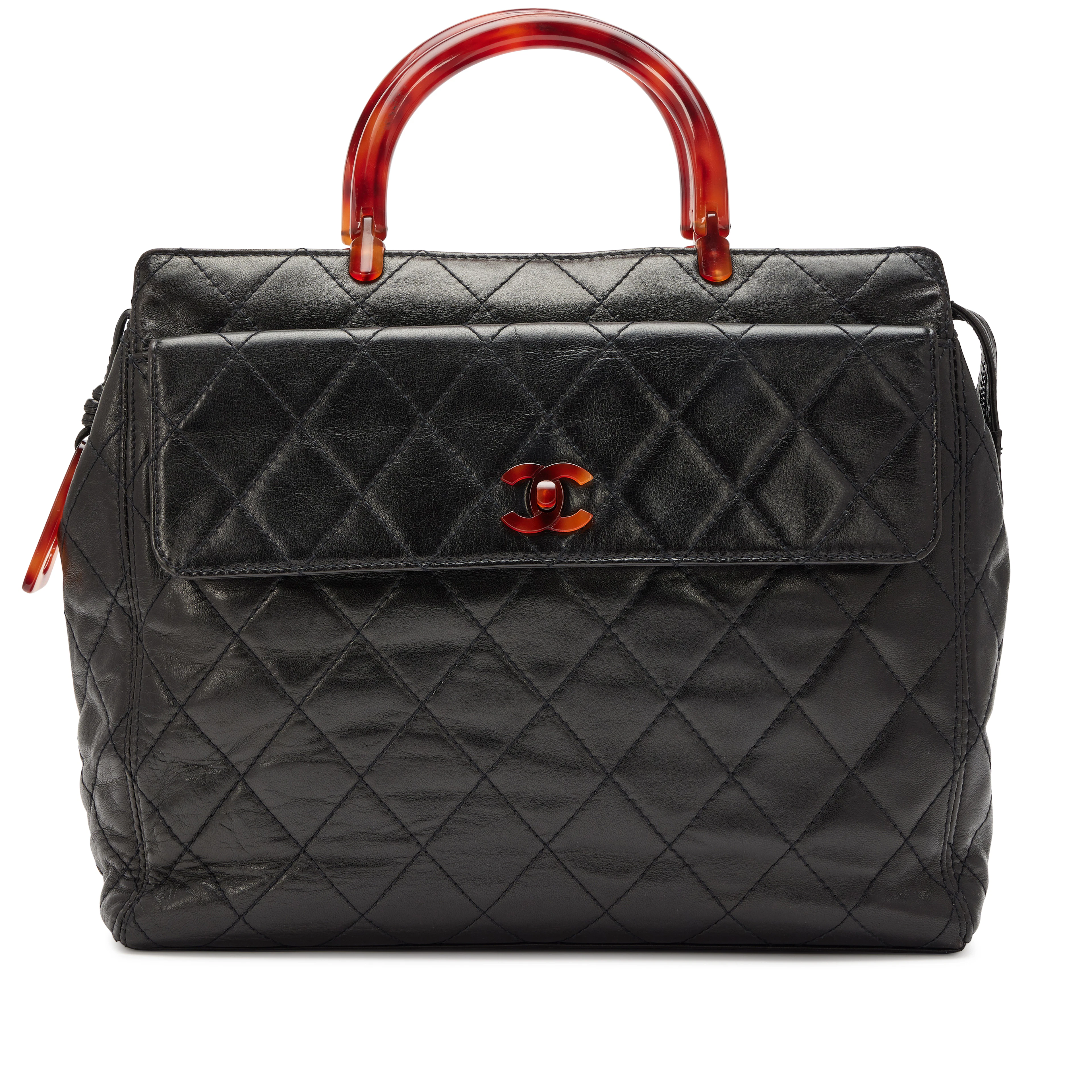 Vintage Black Quilted Lambskin Pocket Top Handle Tote Tortoiseshell