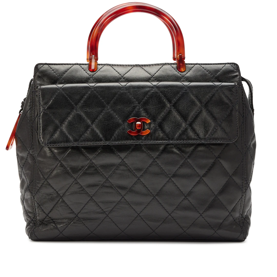 Vintage Black Quilted Lambskin Pocket Top Handle Tote Tortoiseshell