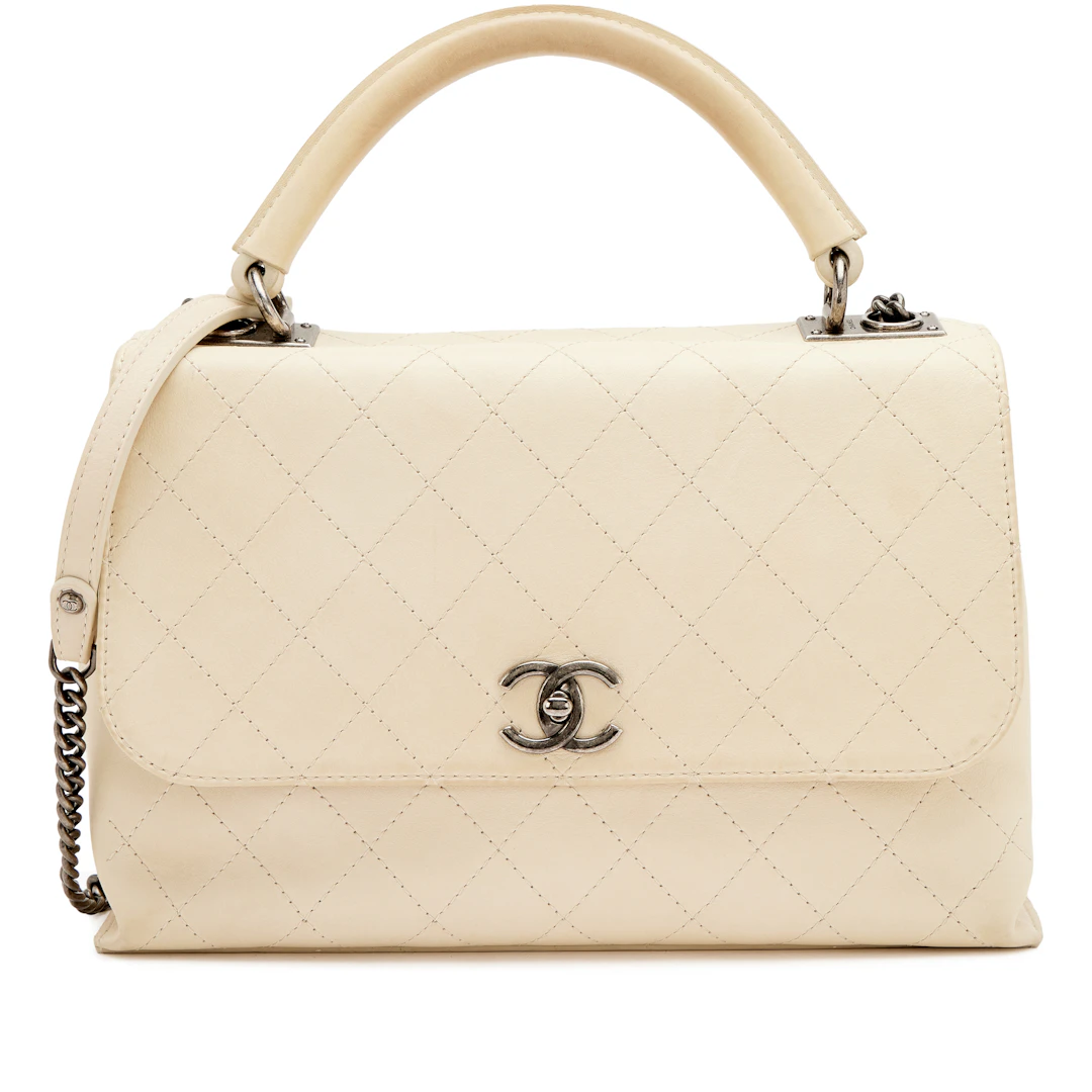 Ivory Quilted Calfskin Stitched Urban Luxury Top Handle Bag Ruthenium