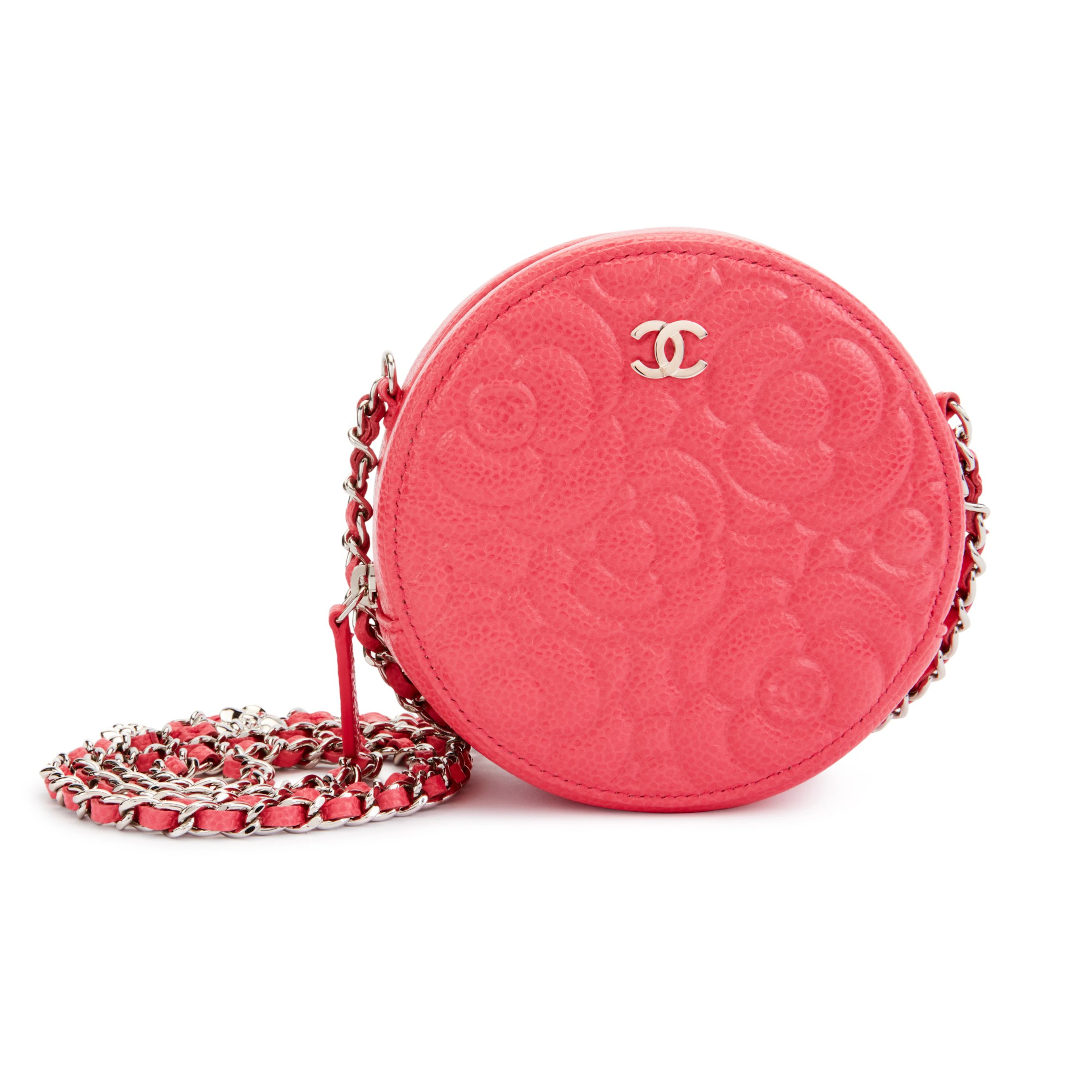 Pink Camellia Embossed Grained Calfskin Round Chain Clutch Silver