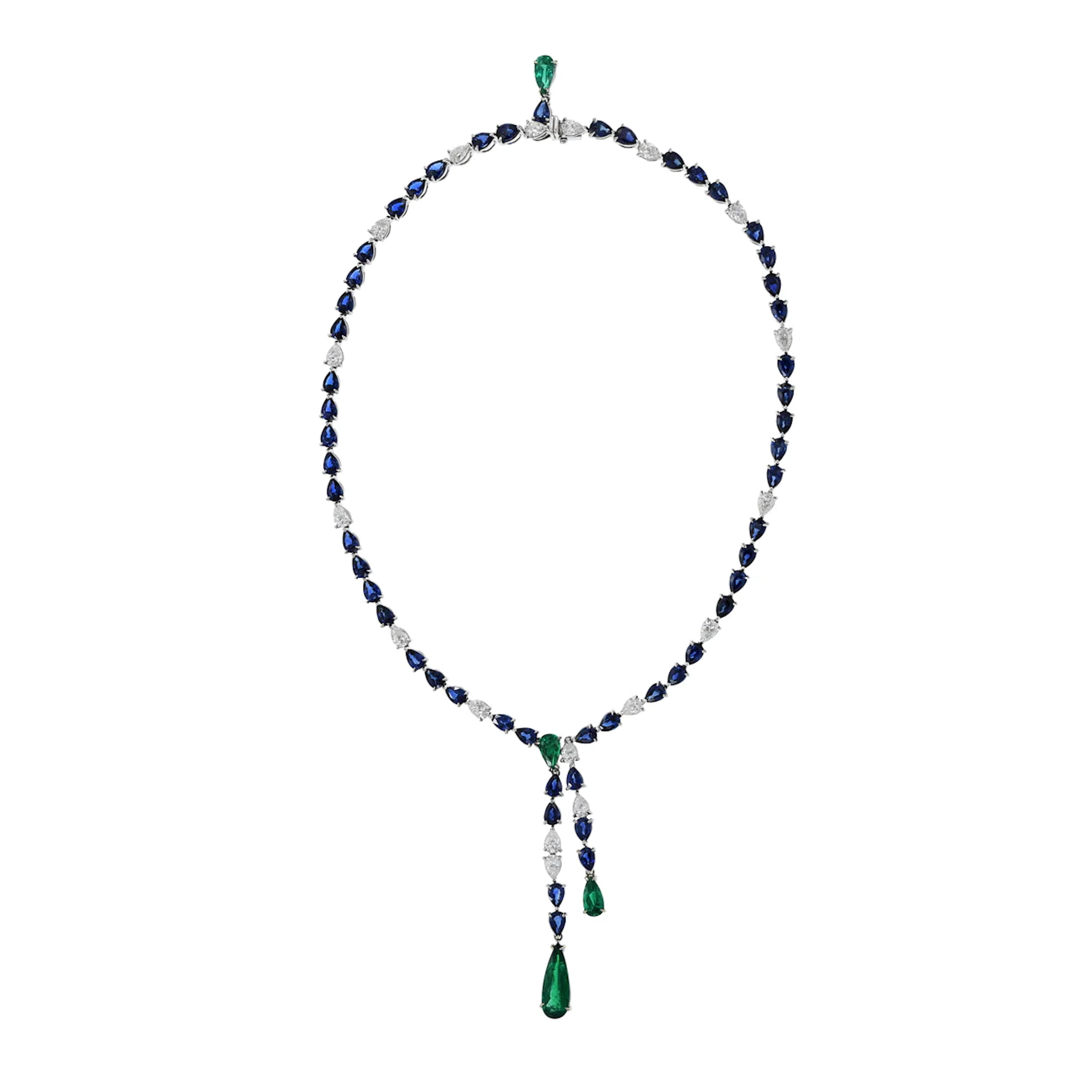 White Gold, Colombian Emerald, Sapphire and Diamond Lariat Necklace
