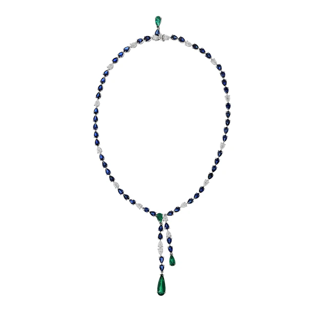 White Gold, Colombian Emerald, Sapphire and Diamond Lariat Necklace