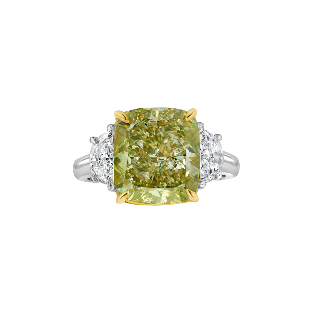 Platinum, Gold, and 6.08ct Cushion Cut Fancy Yellow Green Diamond