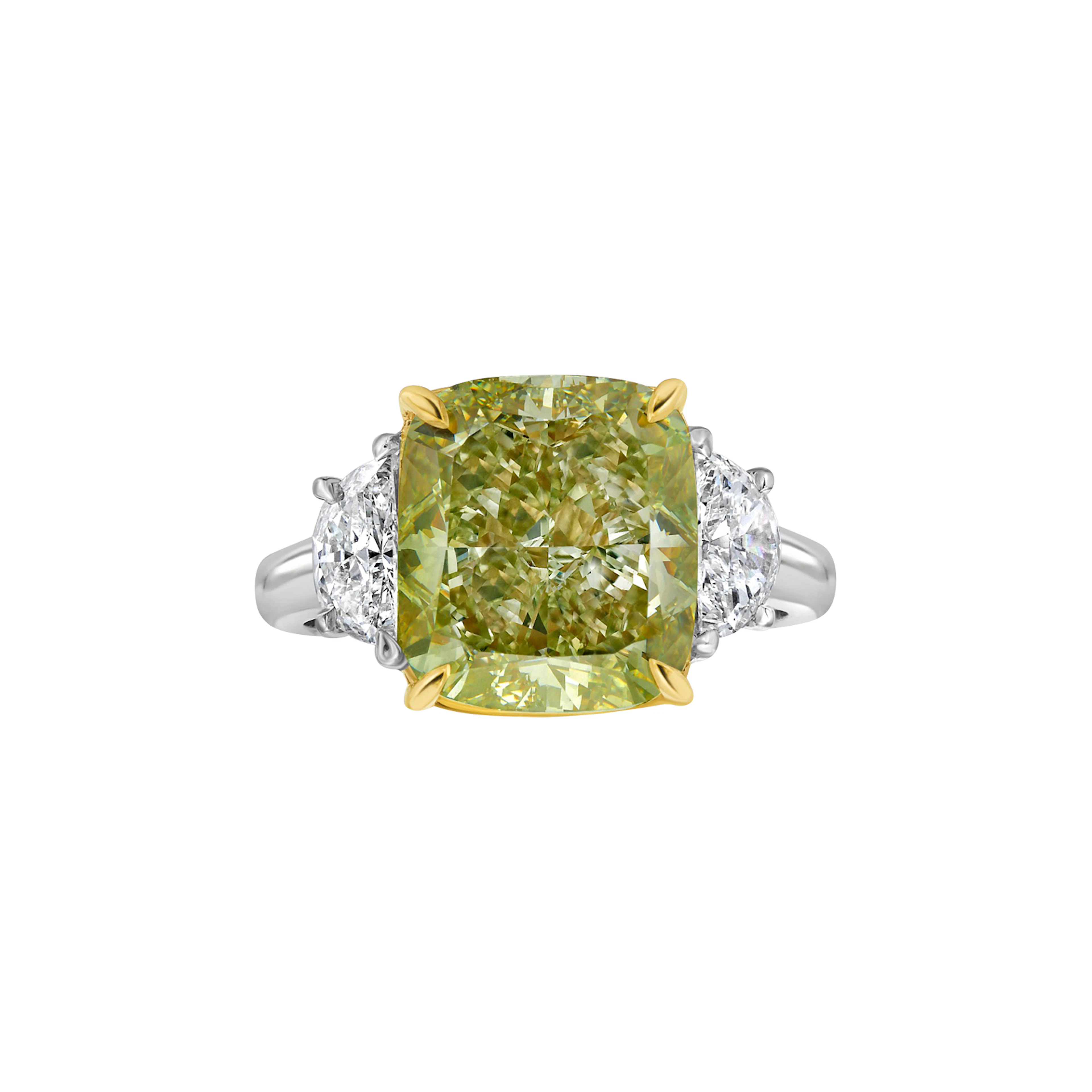 Platinum, Gold, and 6.08ct Cushion Cut Fancy Yellow Green Diamond