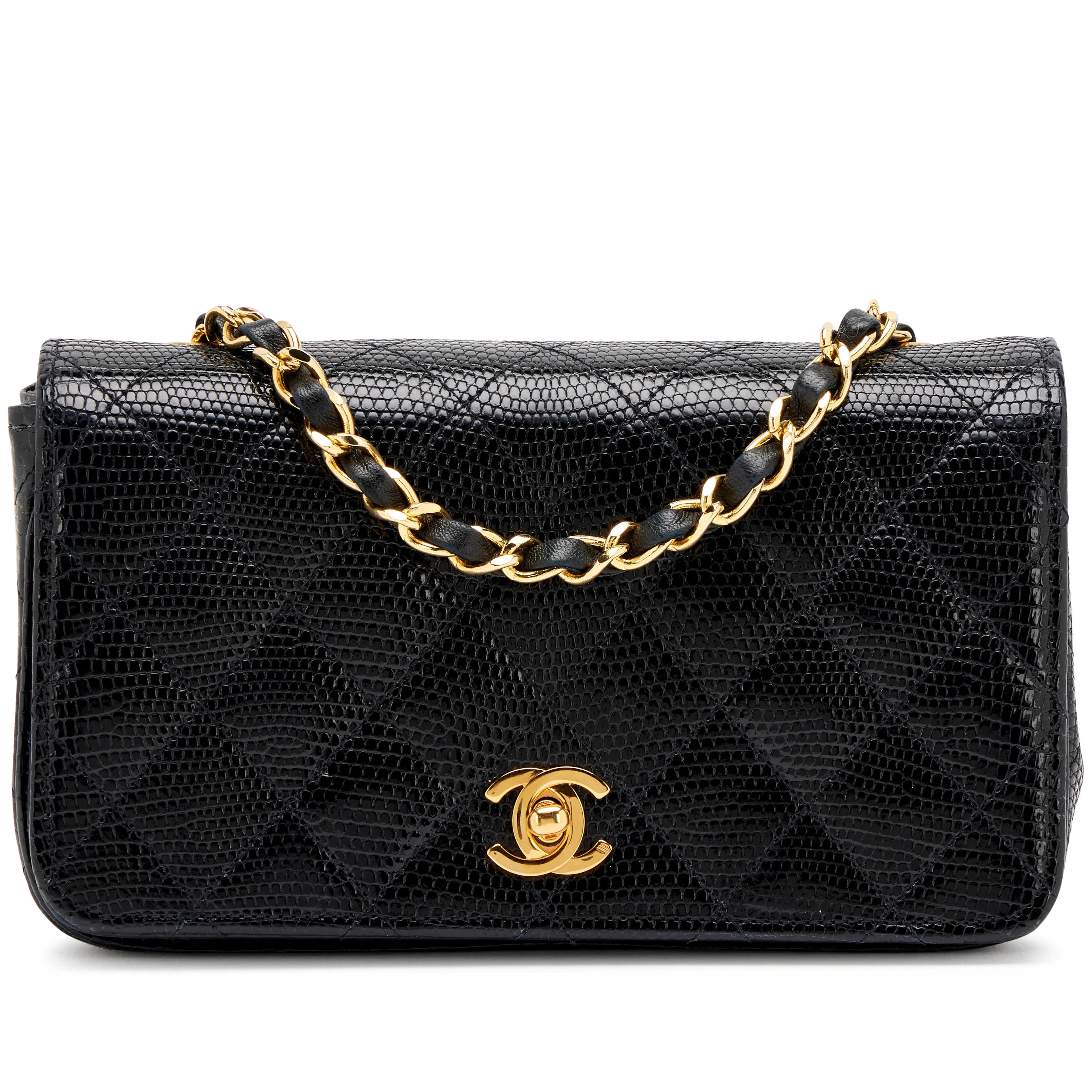 Vintage Black Quilted Lizard Mini Full Flap Bag Gold Hardware, 1989-1991