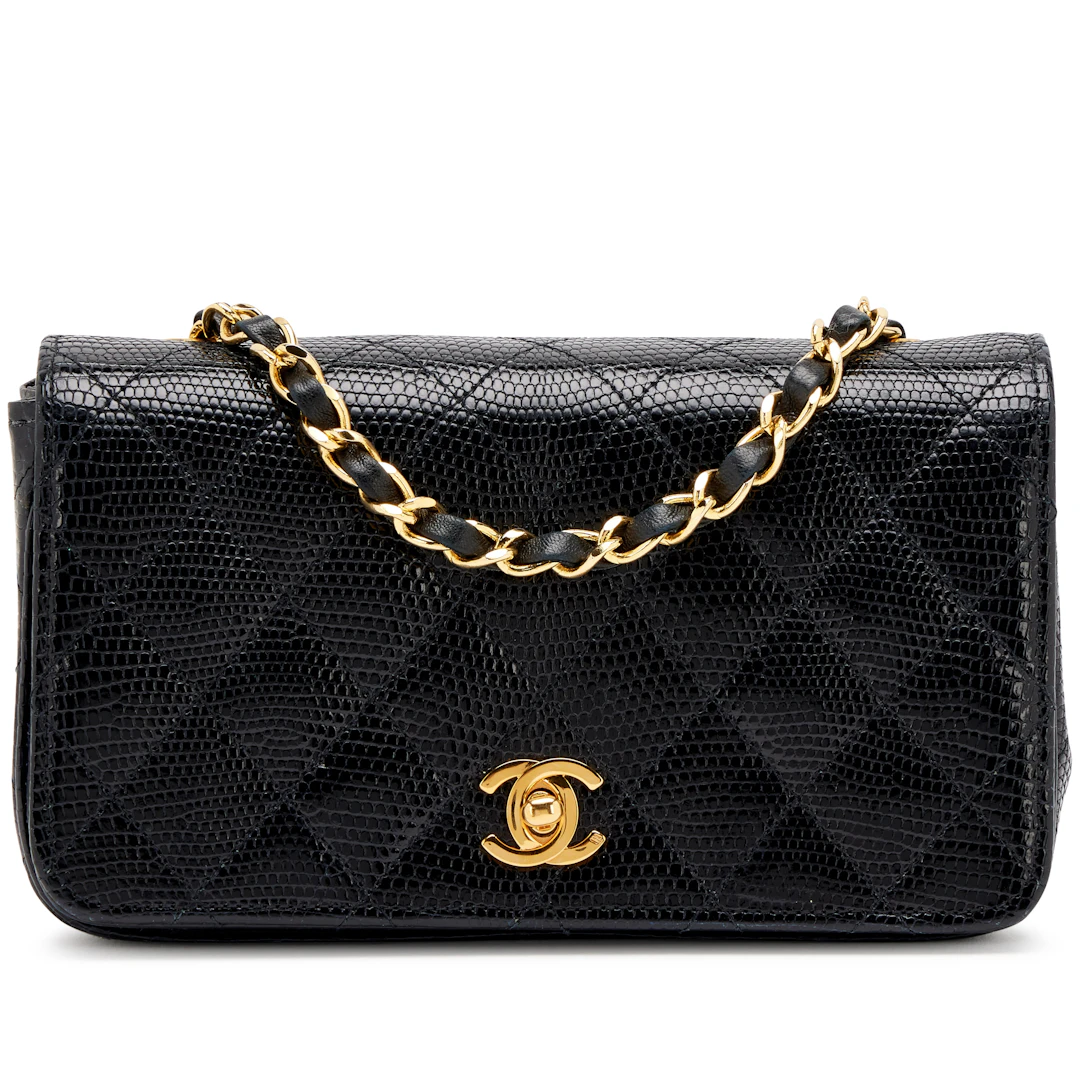 Vintage Black Quilted Lizard Mini Full Flap Bag Gold Hardware, 1989-1991