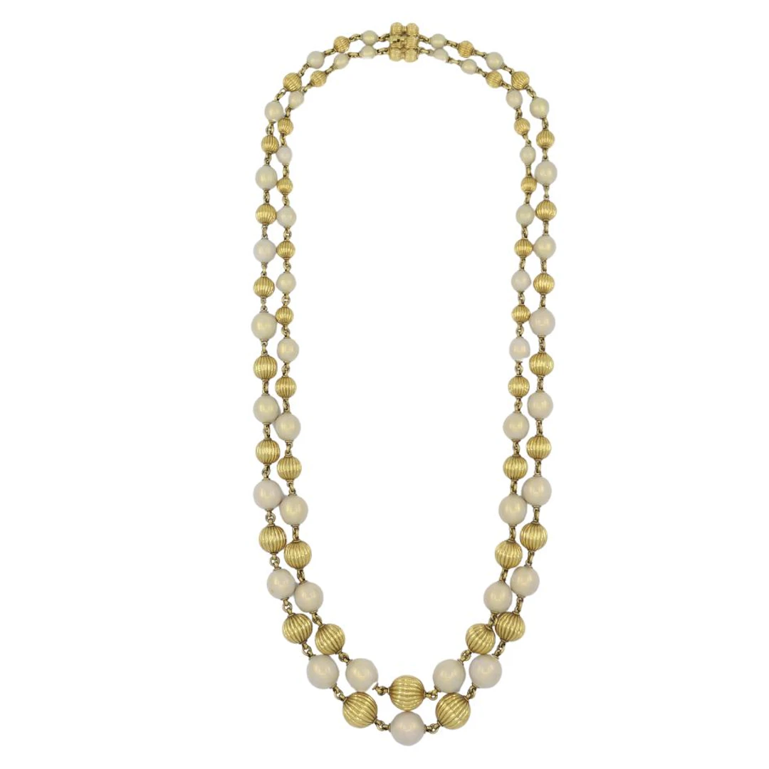 Gold and Enamel Double Strand Bead Necklace