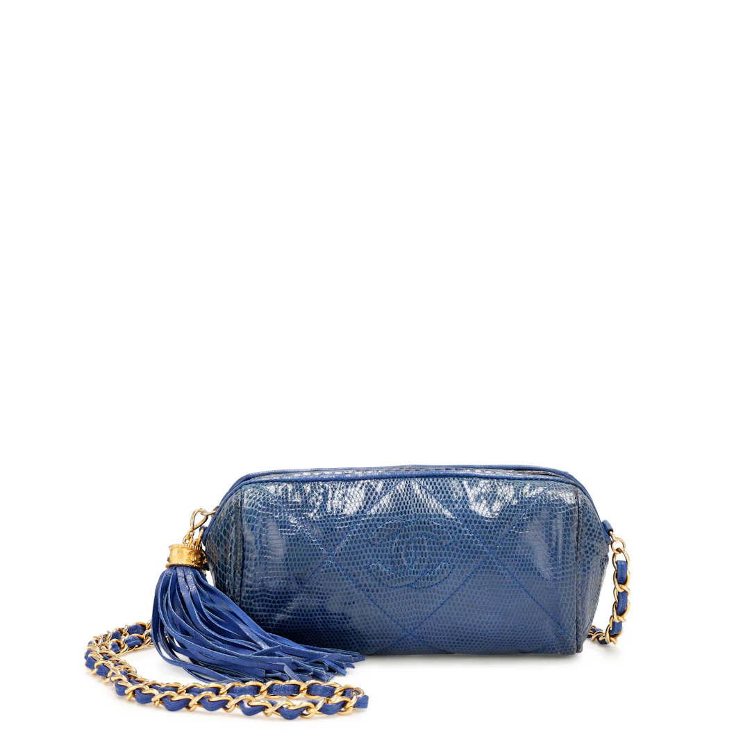 Blue Quilted Lizard CC Tassel Bag Gold Hardware, 1986-1988