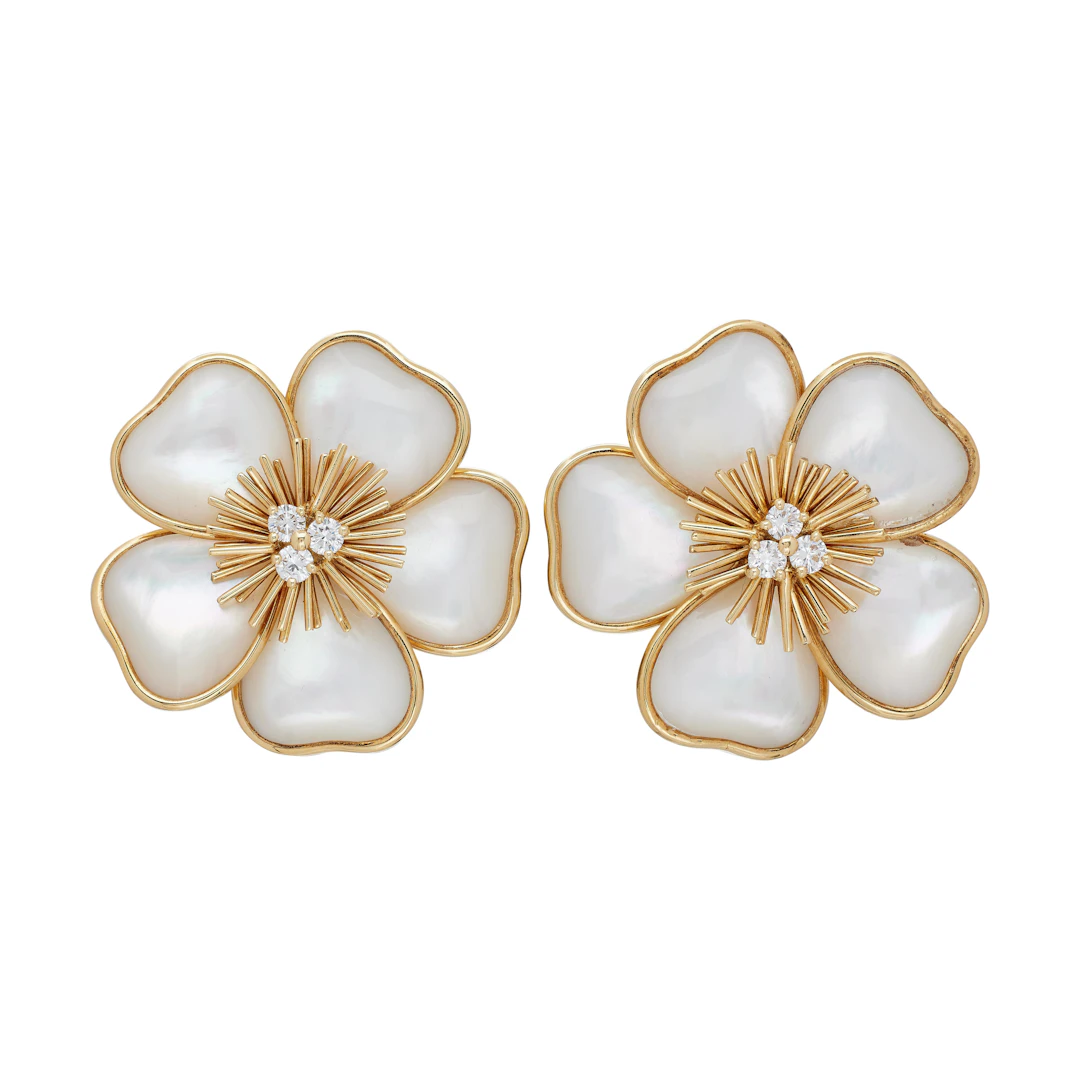 Gold, Mother of Pearl and Diamond Rose de Noël Earclips