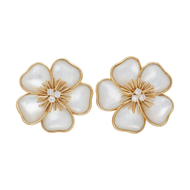 Gold, Mother of Pearl and Diamond Rose de Noël Earclips