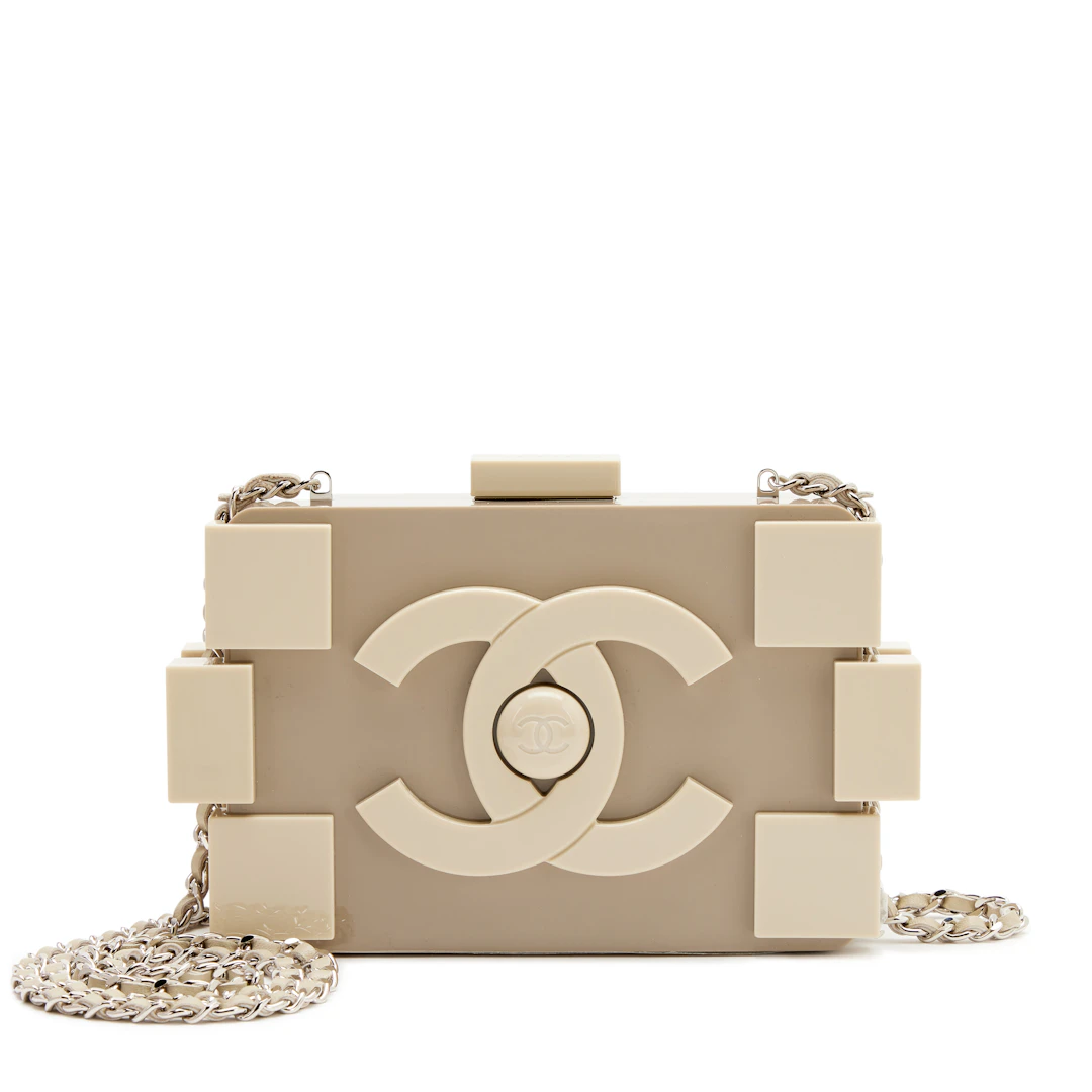 Beige Plexiglass Supermarket Boy Brick Lego Minaudière Clutch Silver