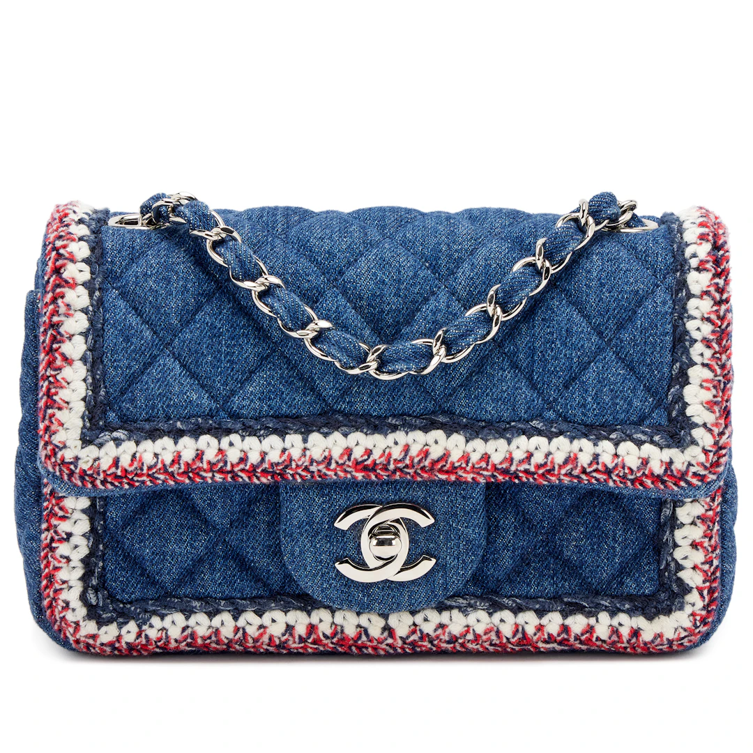 Dark Blue Quilted Denim Multicolor Tweed Braided Mini Rectangular