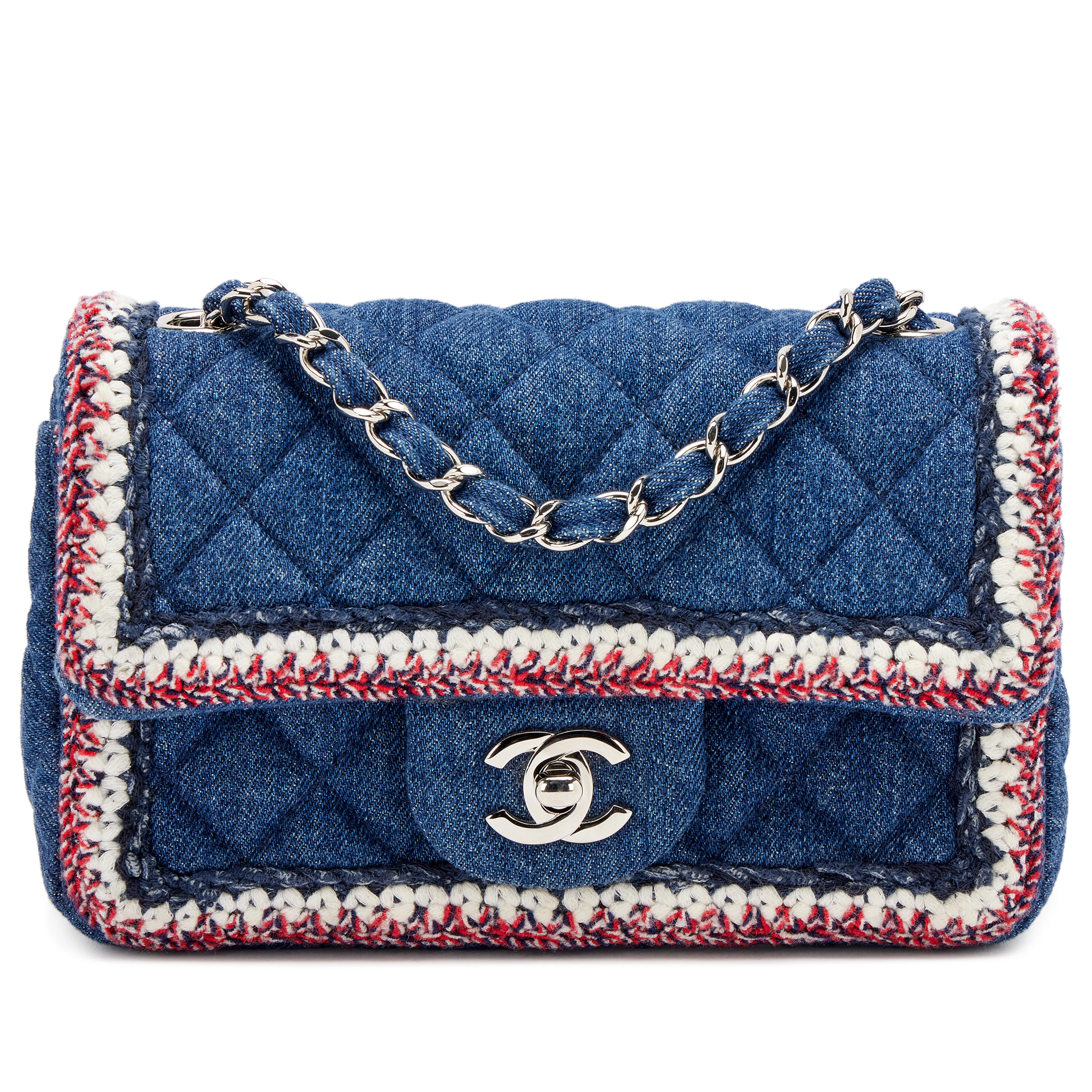 Dark Blue Quilted Denim Multicolor Tweed Braided Mini Rectangular