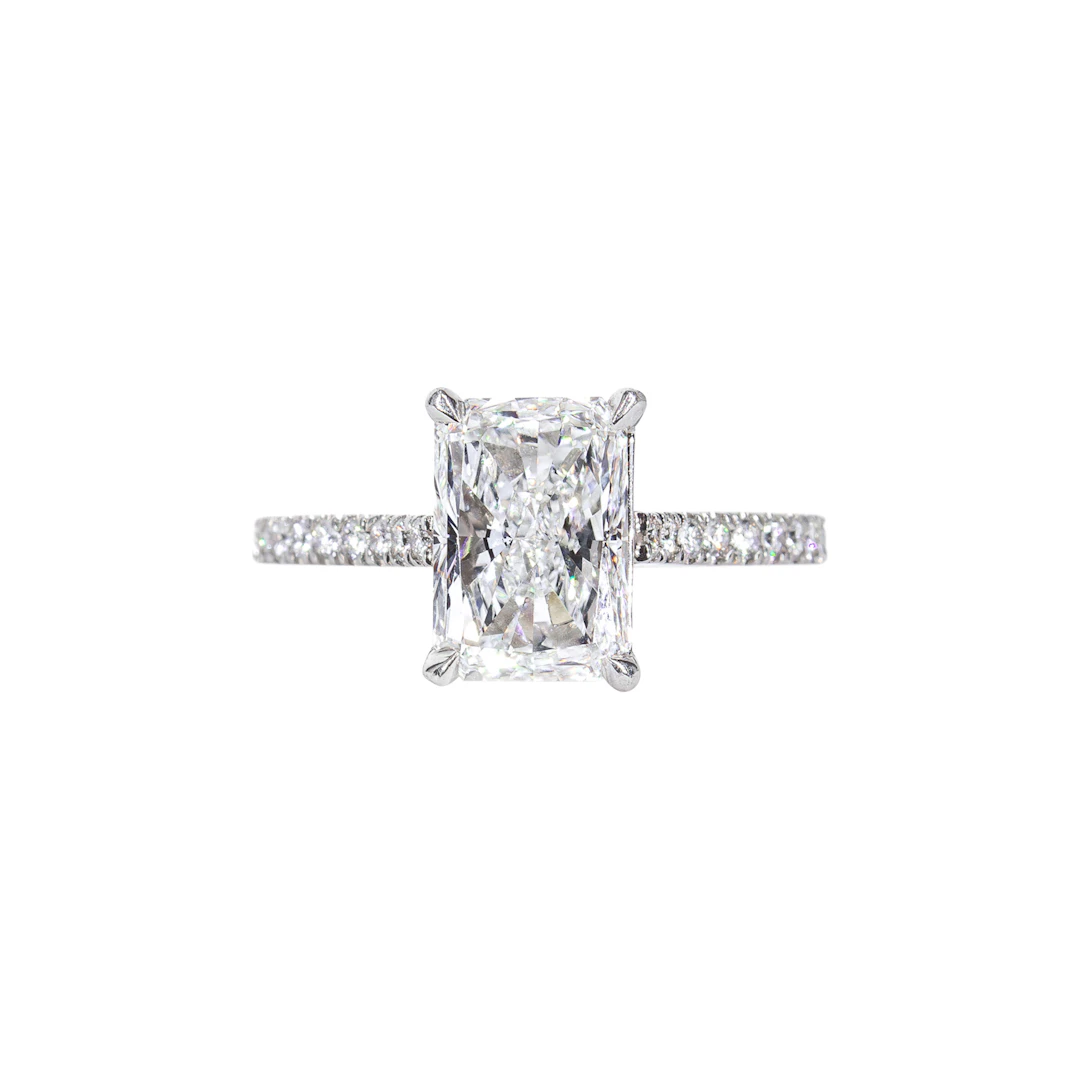 Platinum, 2.08ct Radiant Cut Diamond and Diamond Engagement Ring