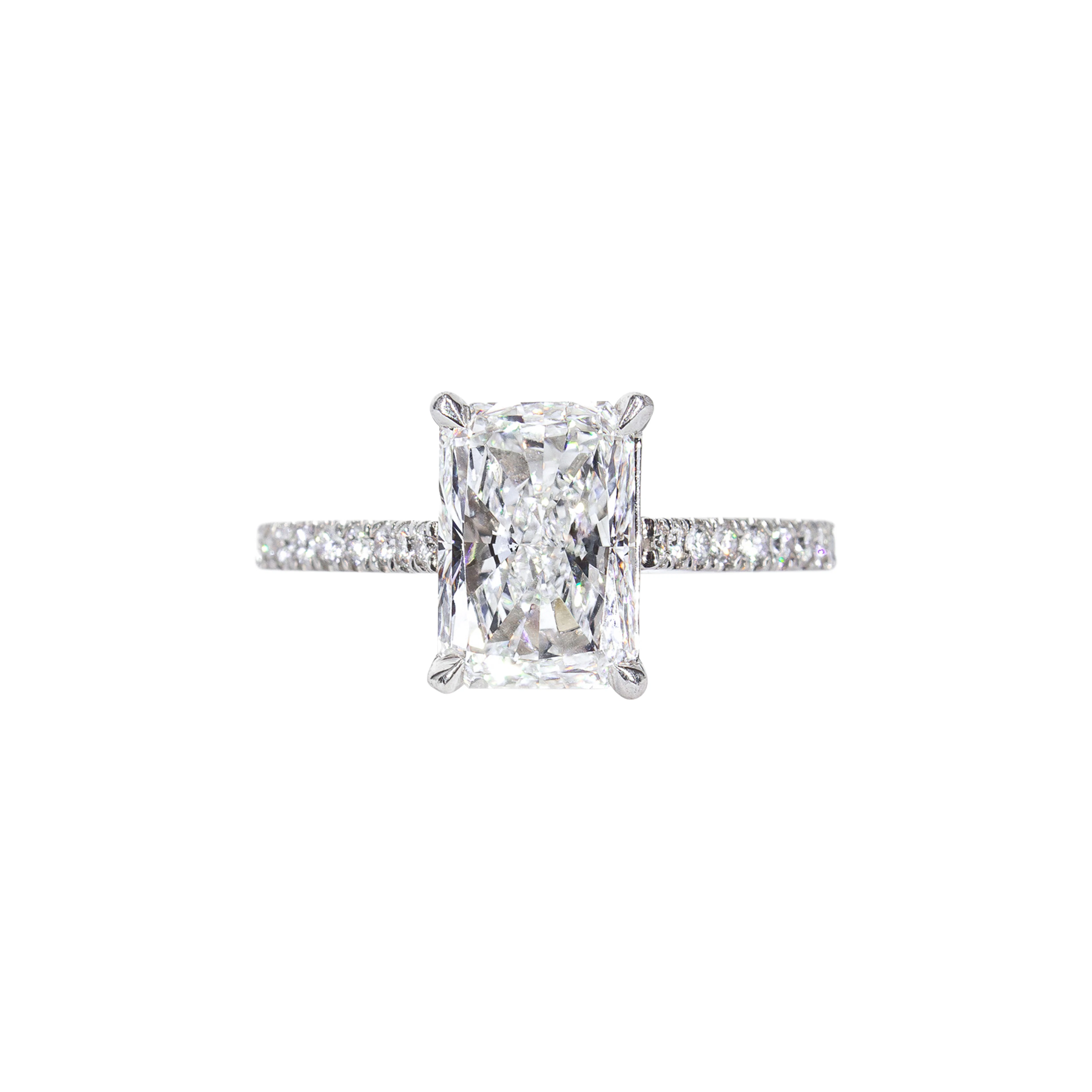 Platinum, 2.08ct Radiant Cut Diamond and Diamond Engagement Ring