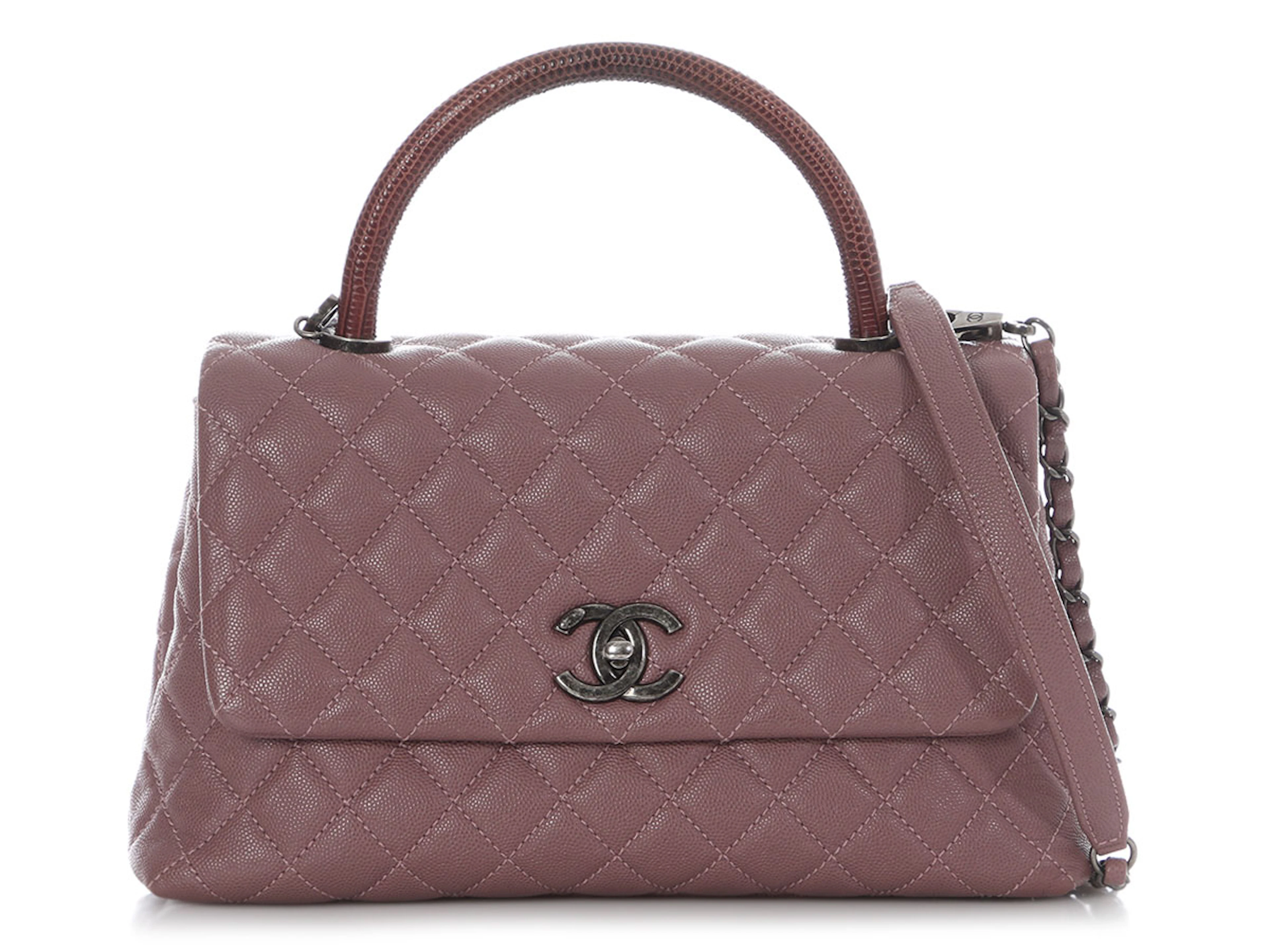 Deep Mauve Quilted Caviar and Lizard Small Coco Top Handle Silver