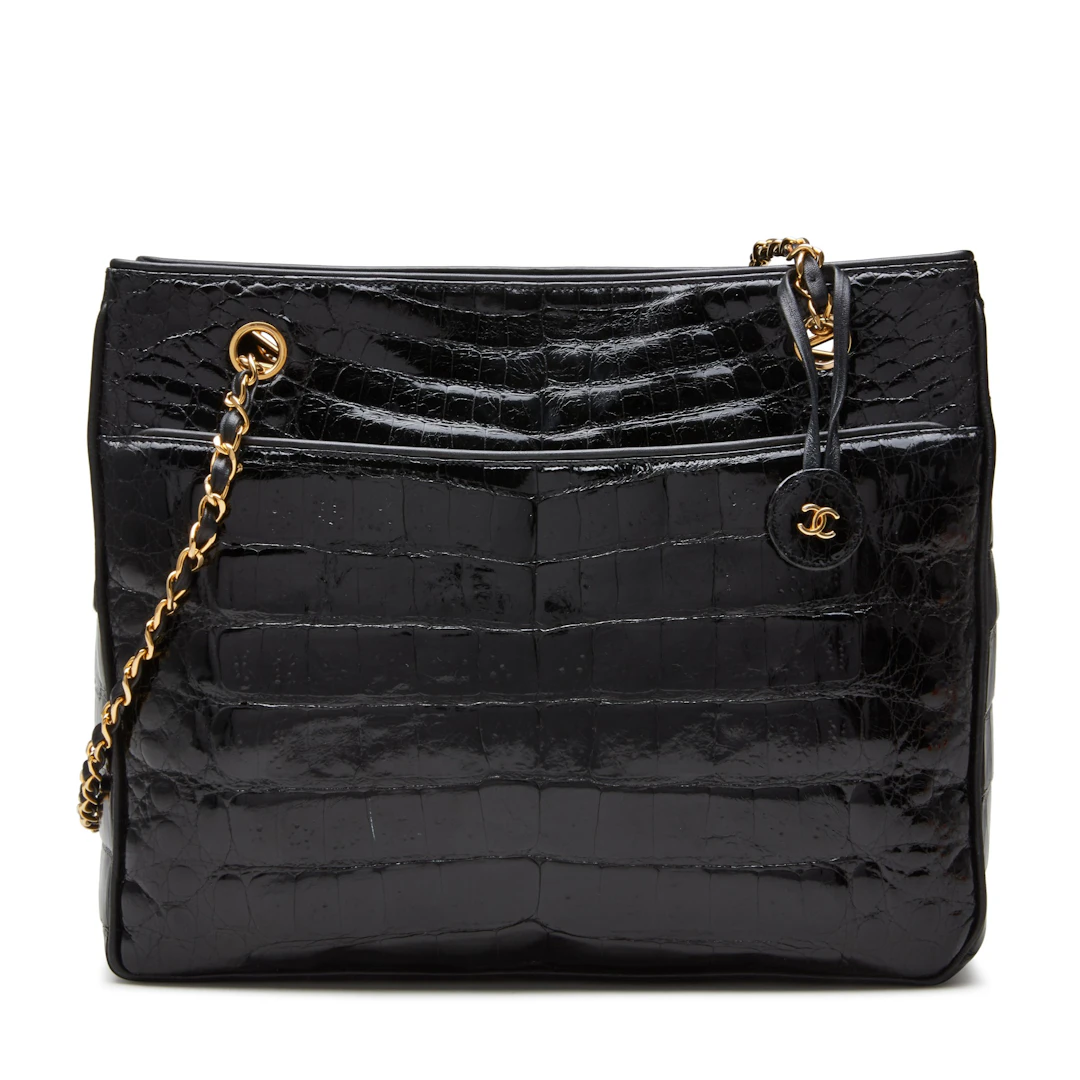 Black Timeless Pocket Shopper Tote in Shiny Crocodile with Gold Hardware