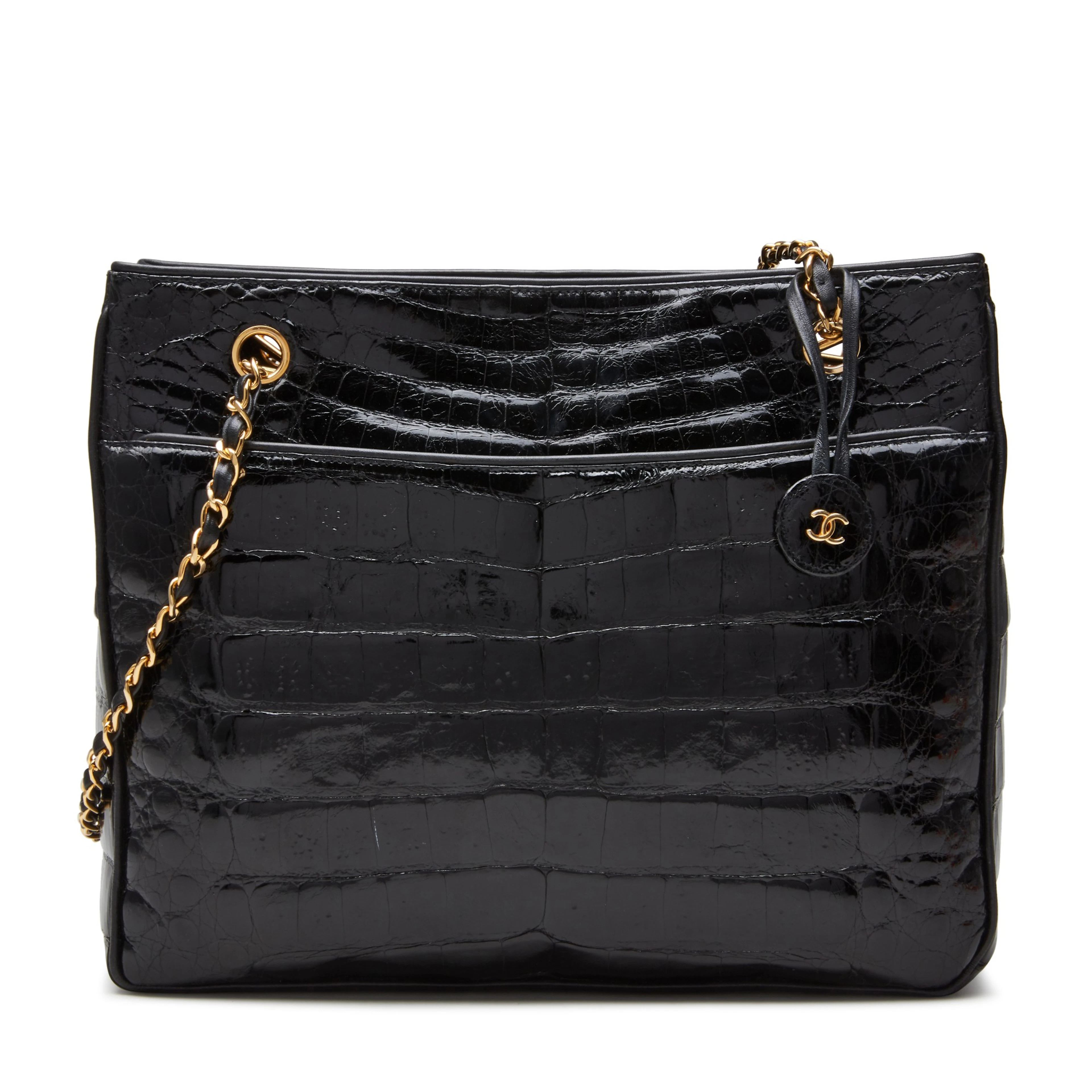 Black Timeless Pocket Shopper Tote in Shiny Crocodile with Gold Hardware