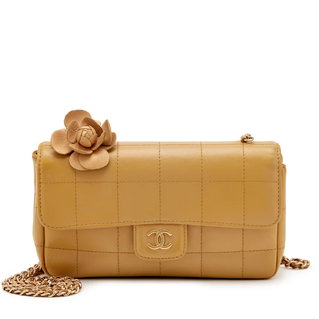 Mustard Yellow Quilted Lambskin Mini Square Camellia Flap Bag Gold