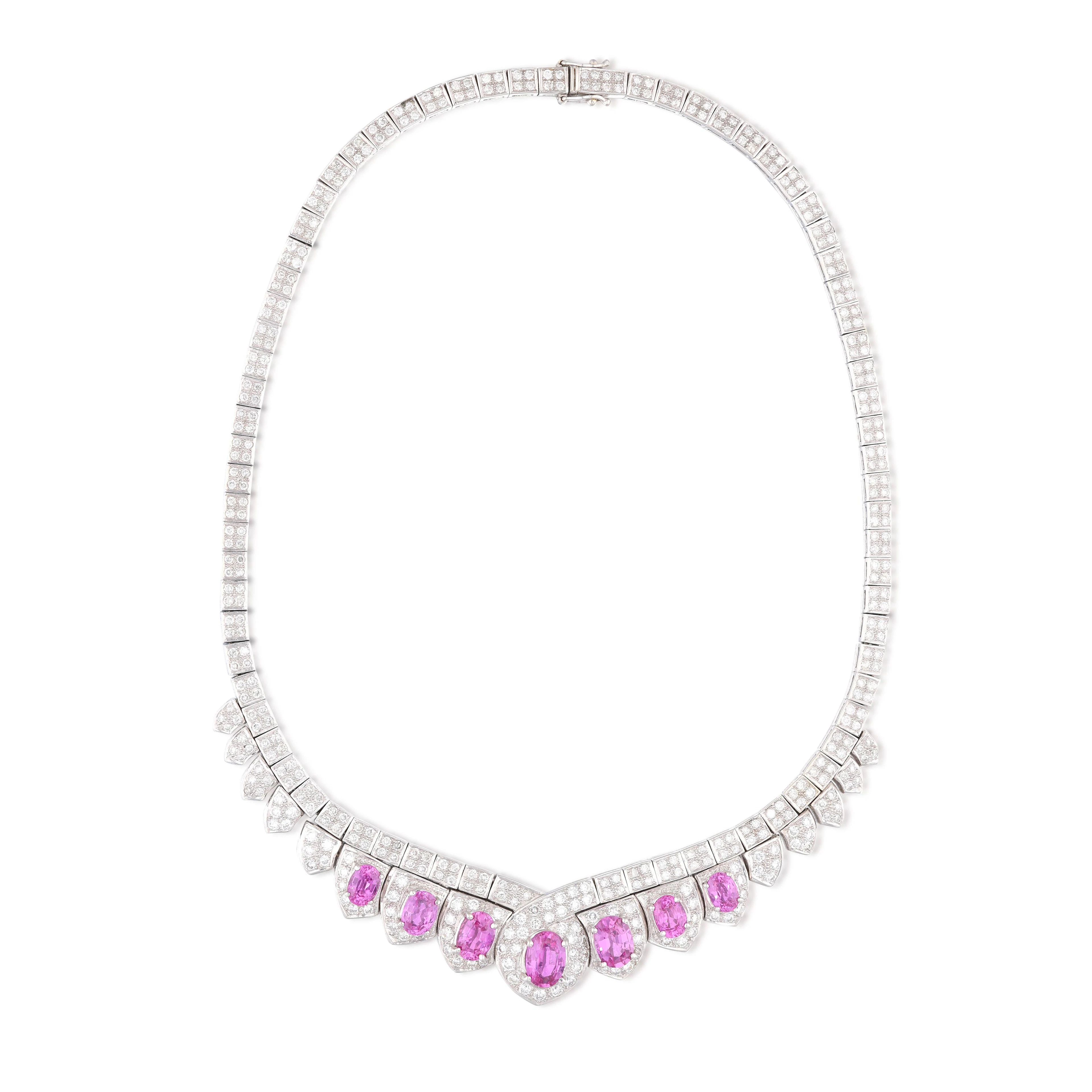 White Gold, Madagascar Pink Sapphire and Diamond Collar Necklace