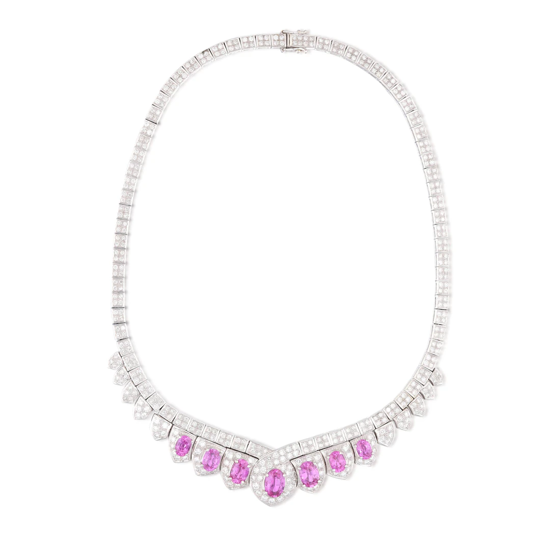 White Gold, Madagascar Pink Sapphire and Diamond Collar Necklace
