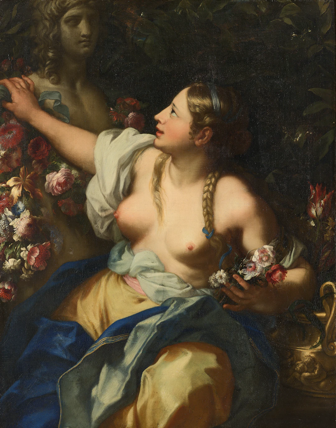 Portrait of a young woman as Flora, three-quarter length