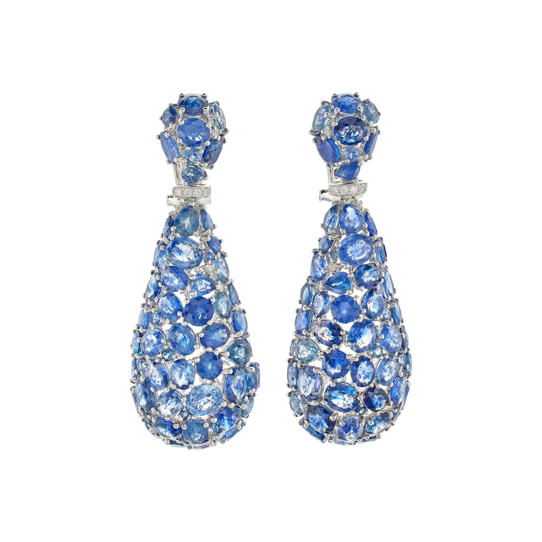 White Gold, Sapphire and Diamond Drop Earclips