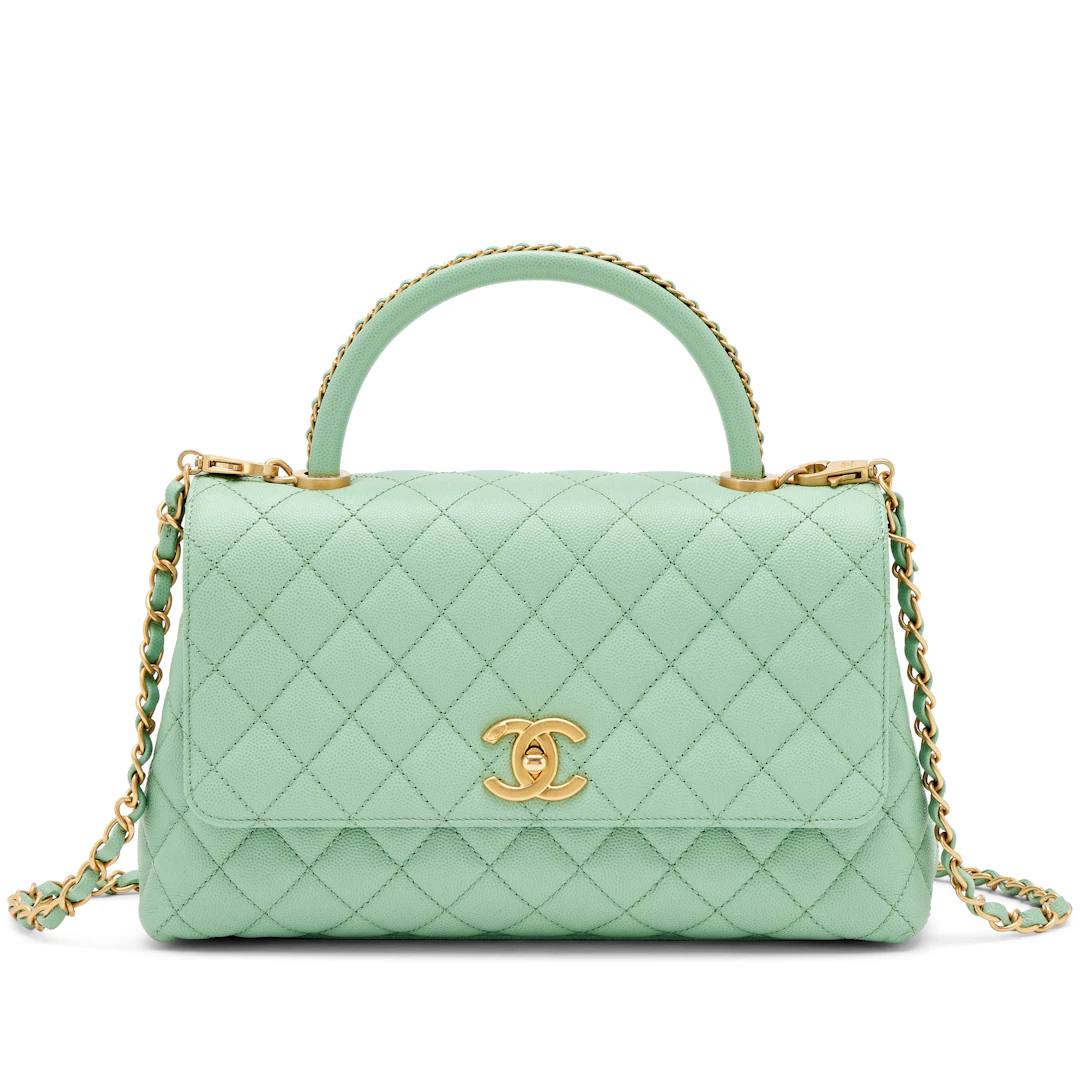 Light Green Quilted Caviar Medium Coco Top Handle Gold Hardware, 2020s
