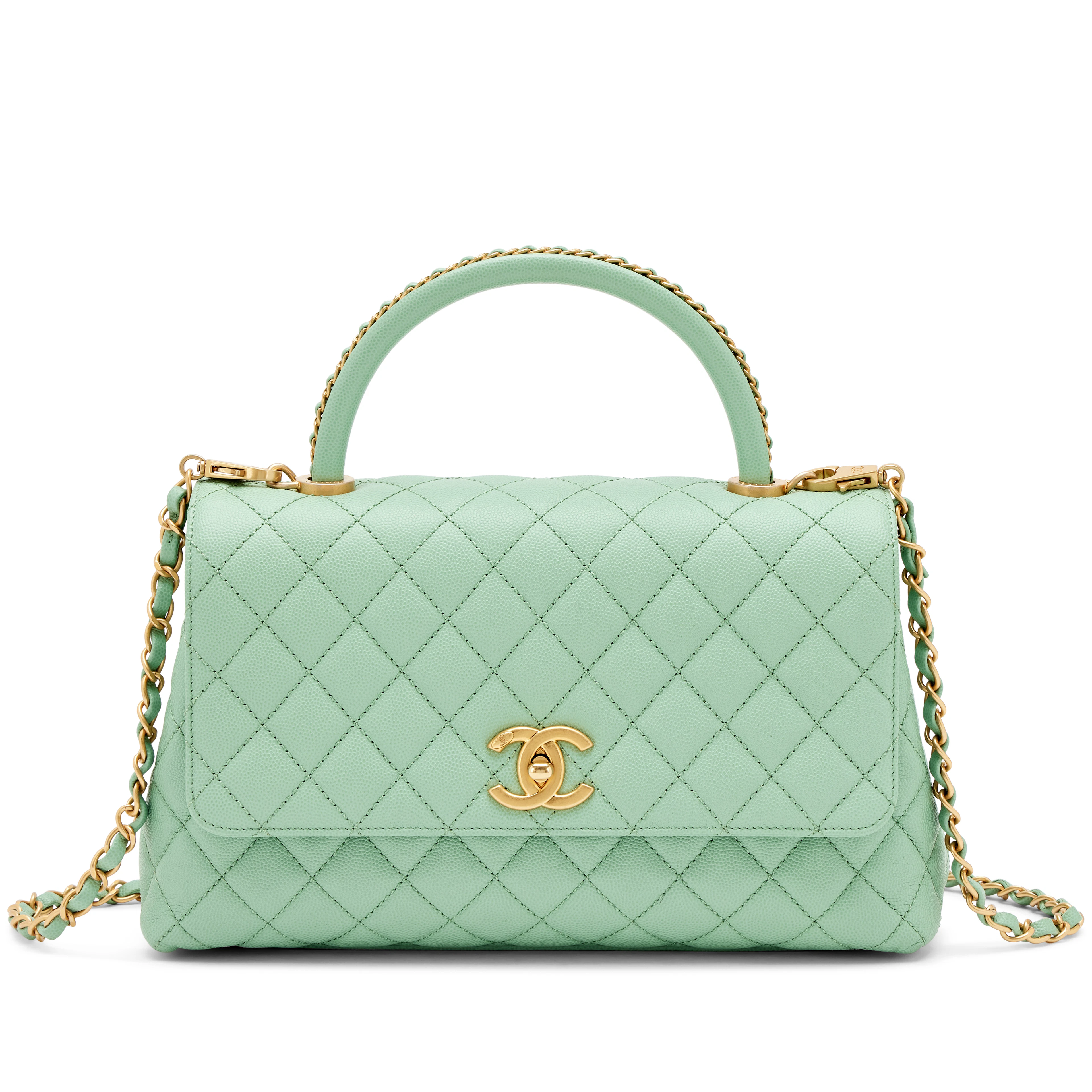 Light Green Quilted Caviar Medium Coco Top Handle Gold Hardware, 2020s
