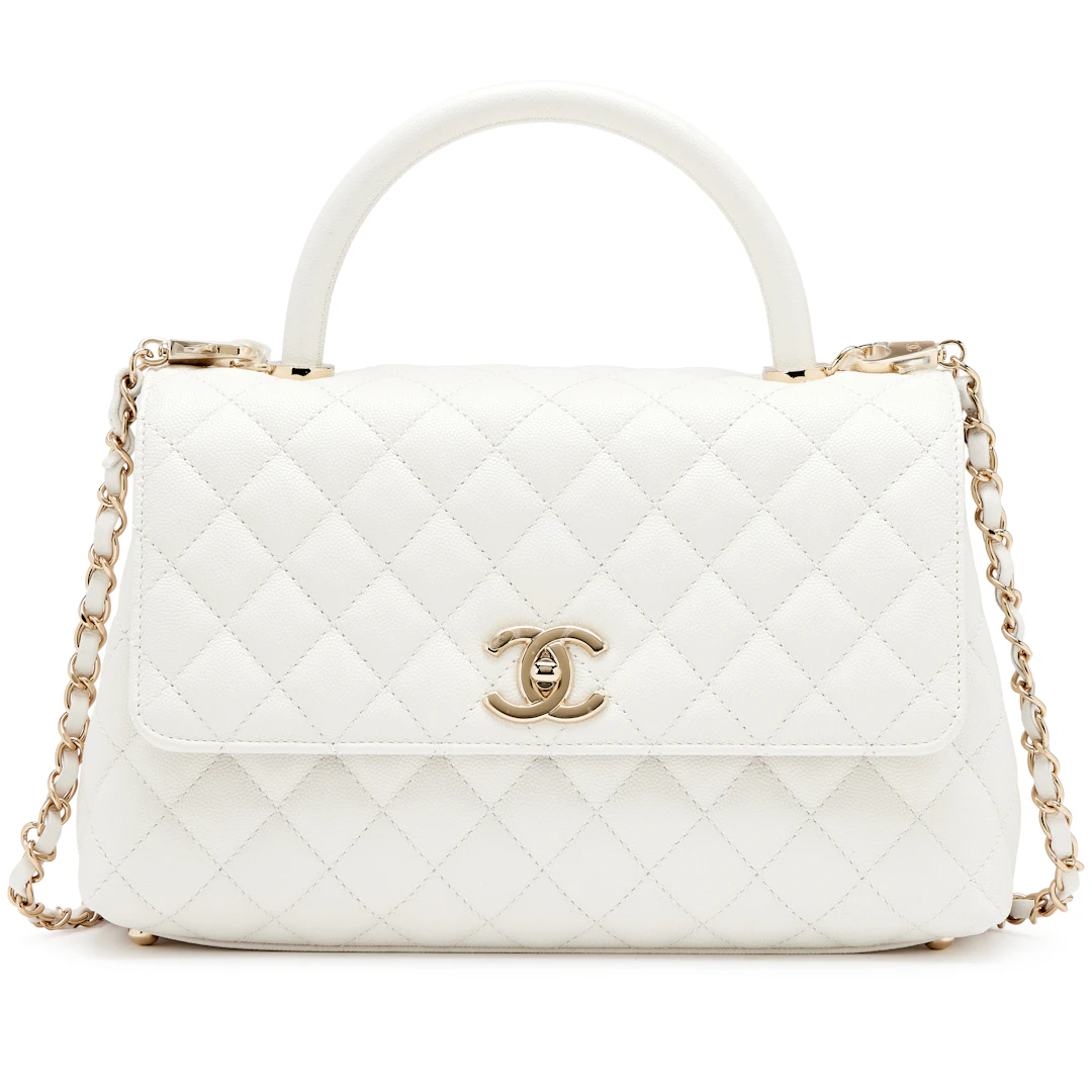 White Quilted Caviar Medium Coco Top Handle Flap Bag Light Gold Hardware, 2022