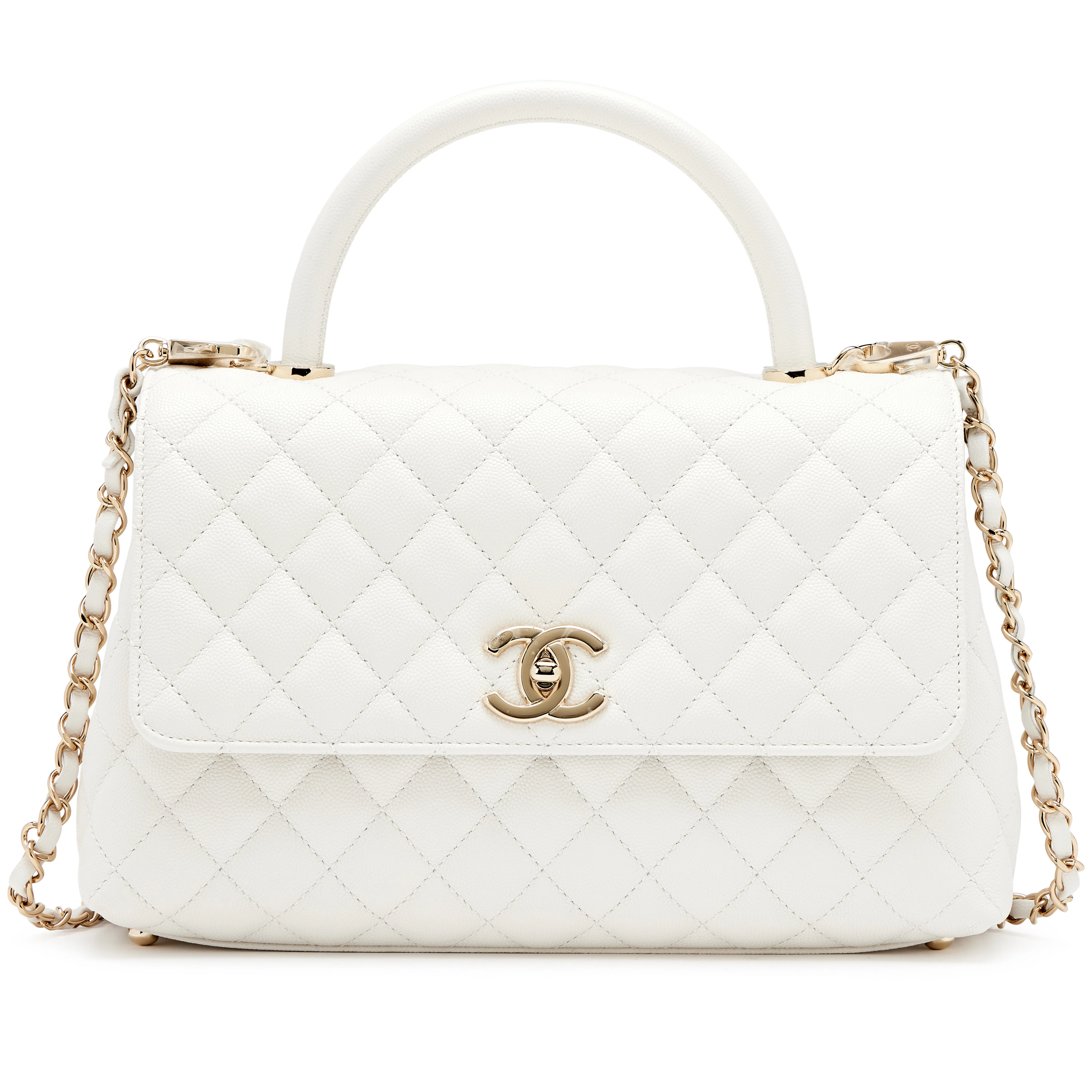 White Quilted Caviar Medium Coco Top Handle Flap Bag Light Gold Hardware, 2022