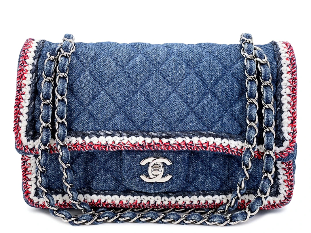 Blue Denim and Tweed Framed Medium Classic Flap Bag Silver Hardware, 2018