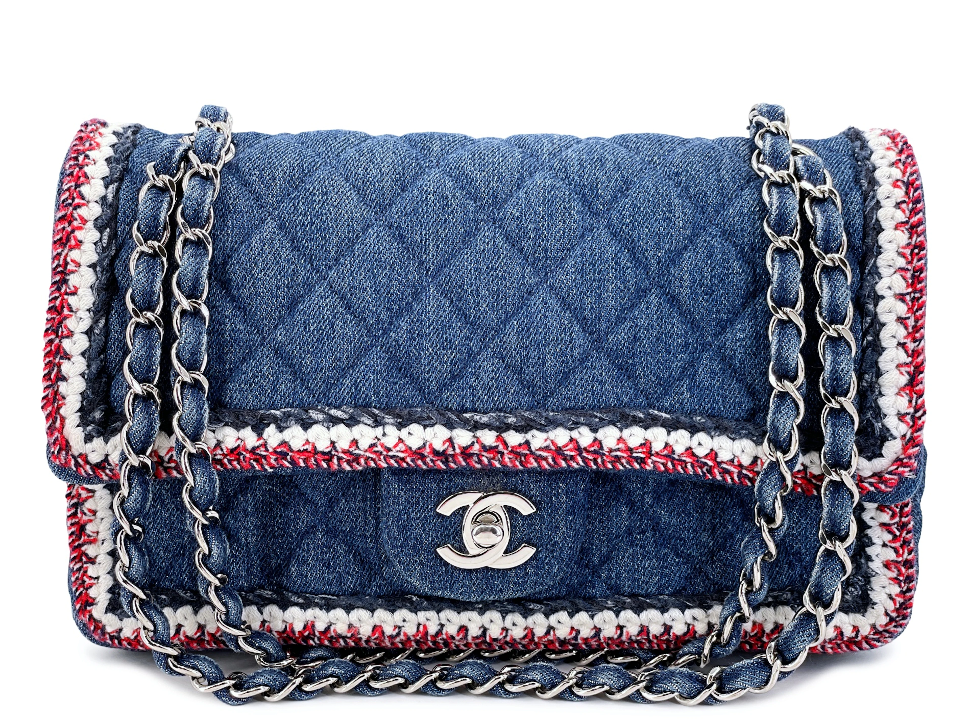 Blue Denim and Tweed Framed Medium Classic Flap Bag Silver Hardware, 2018