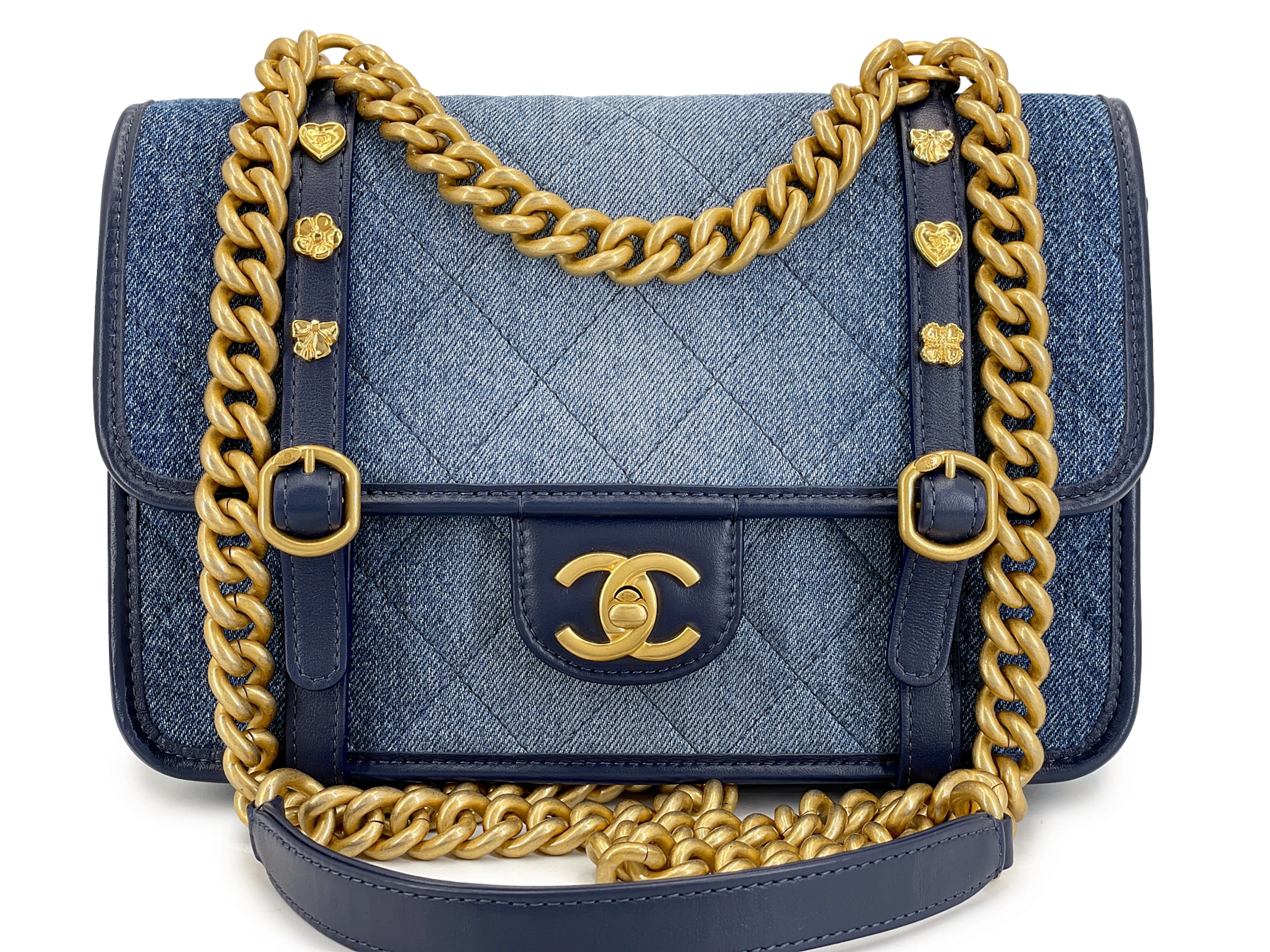 Blue Ombre Denim Quilted Messenger Flap Bag Aged Gold Hardware, 2024