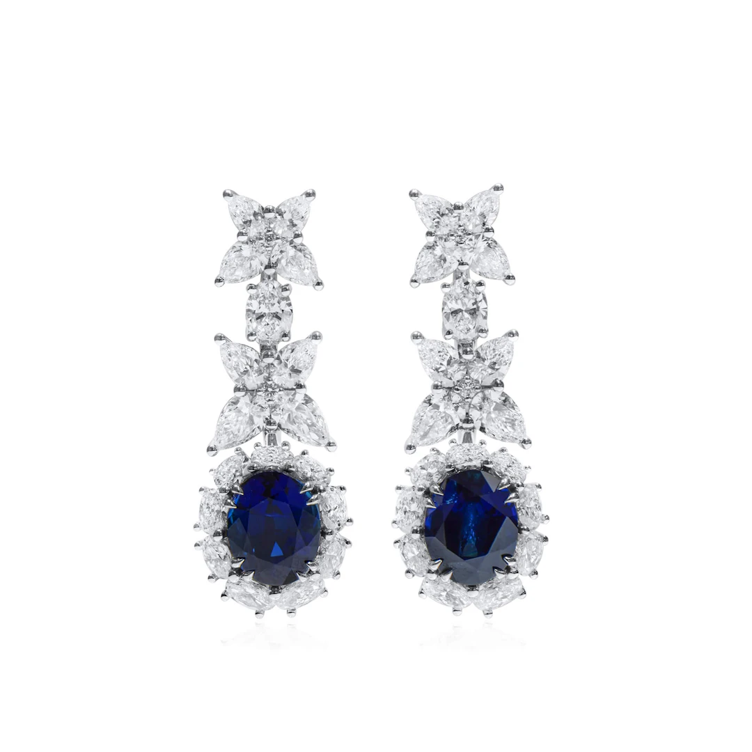 White Gold, 5.26ctw Burmese Sapphire and Diamond Drop Earrings