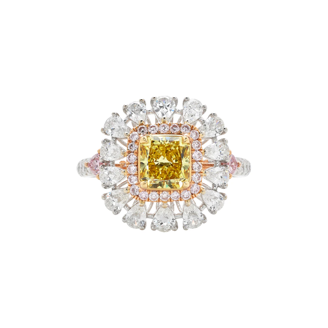 White Gold, 1.02ct Radiant Cut Fancy Vivid Yellow Diamond, Pink Diamond