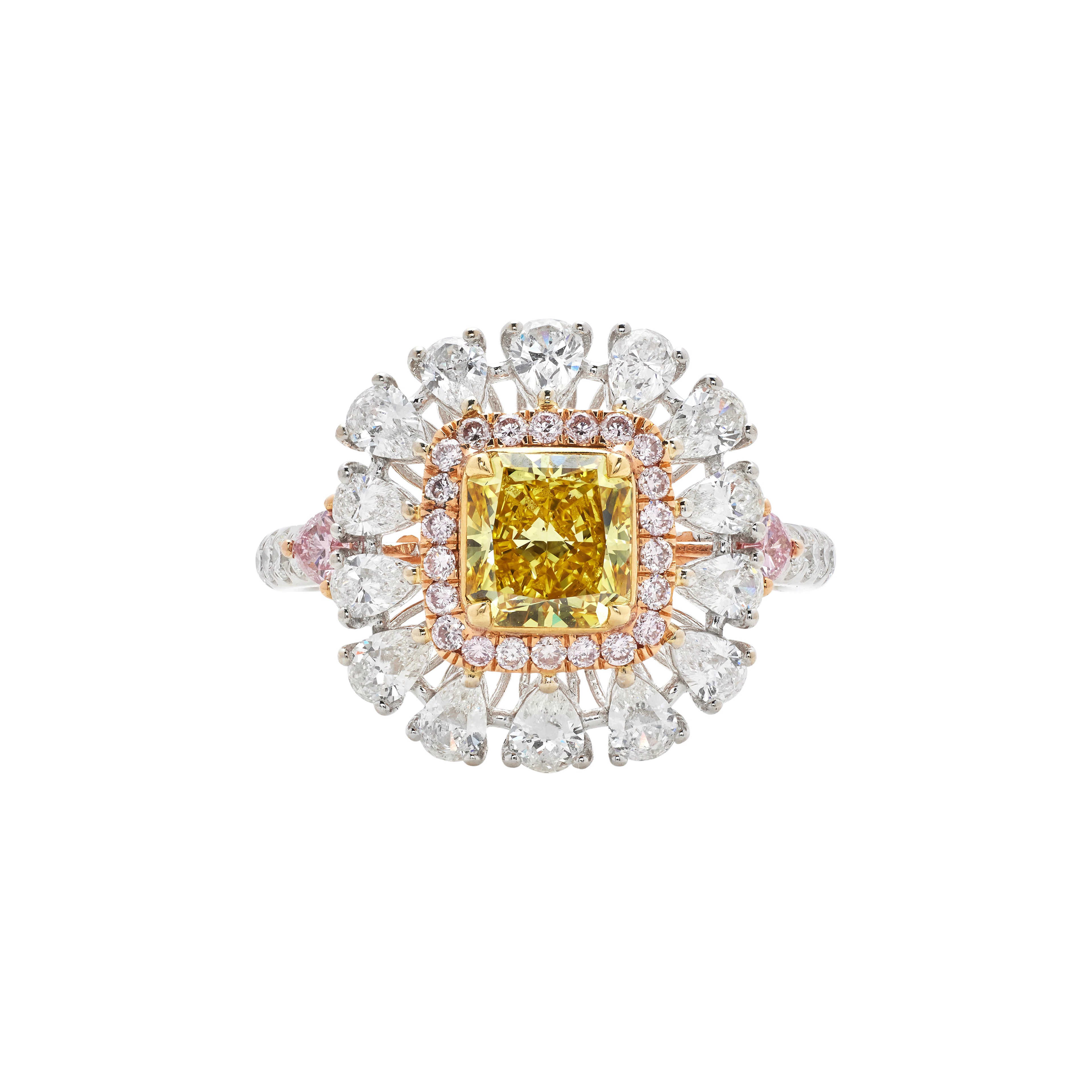 White Gold, 1.02ct Radiant Cut Fancy Vivid Yellow Diamond, Pink Diamond