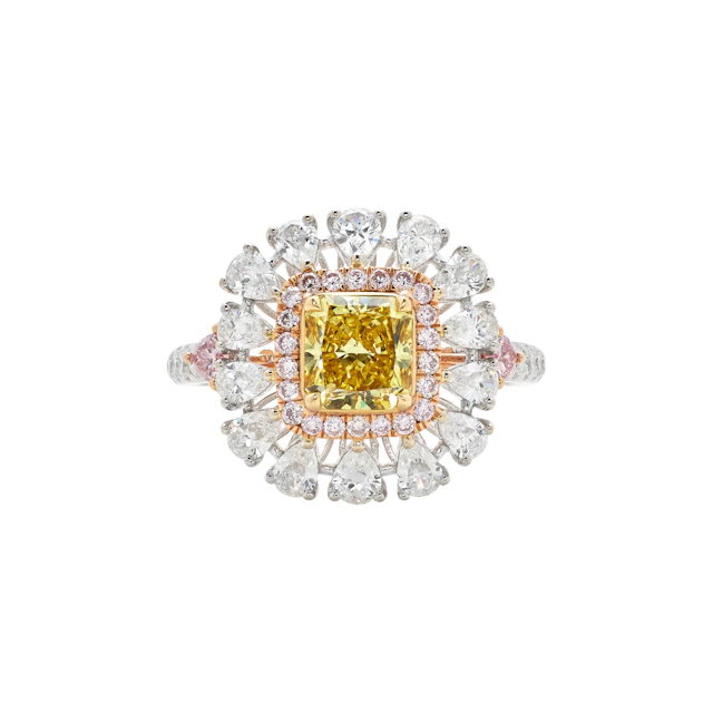White Gold, 1.02ct Radiant Cut Fancy Vivid Yellow Diamond, Pink Diamond