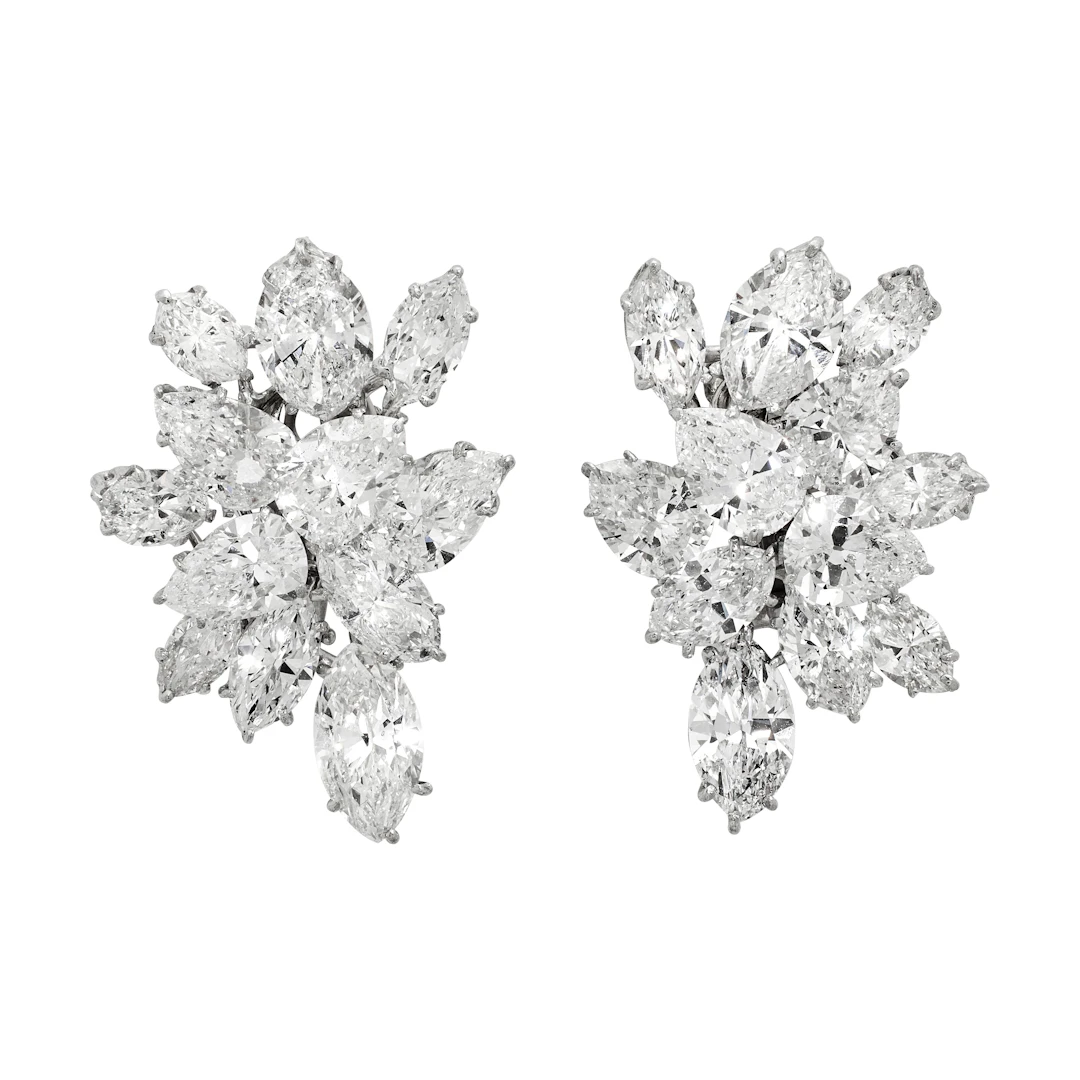 White Gold and 21.00ctw Marquise Cut Diamond Cluster Earclips