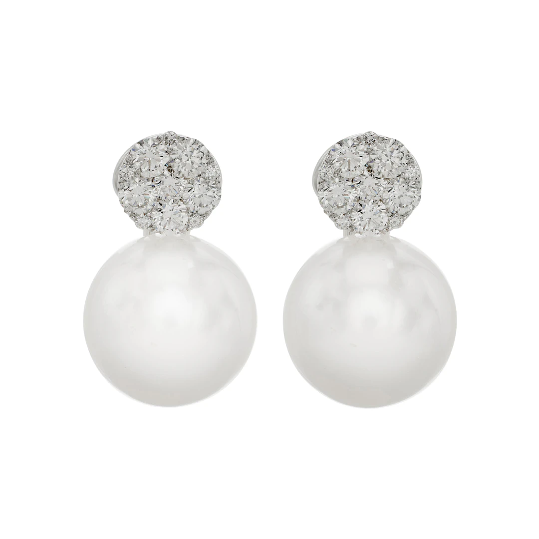White Gold, South Sea Cultured Pearl and Diamond Earclips