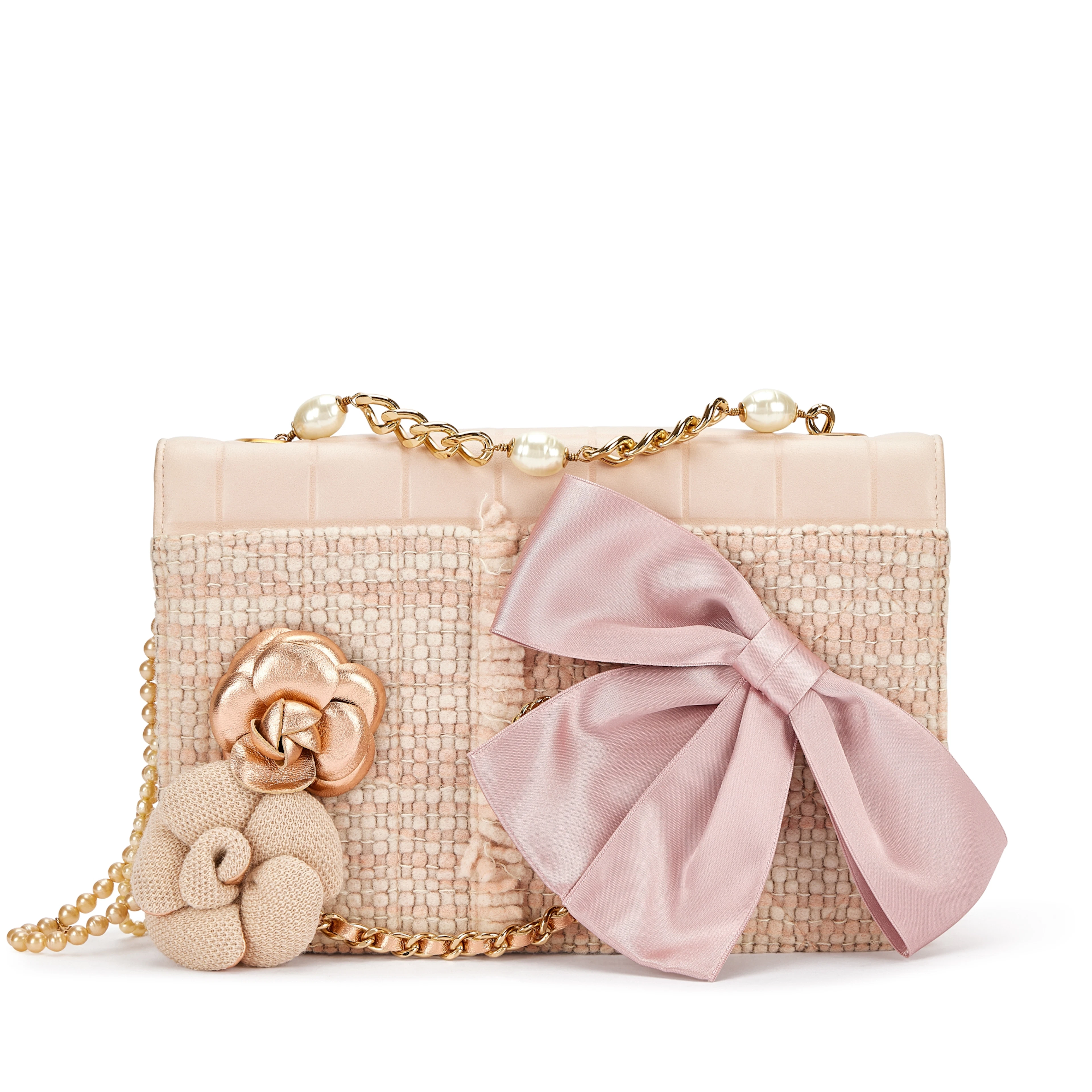Beige and Pink Lambskin, Tweed, Imitation Pearl, Ribbon and Camellia